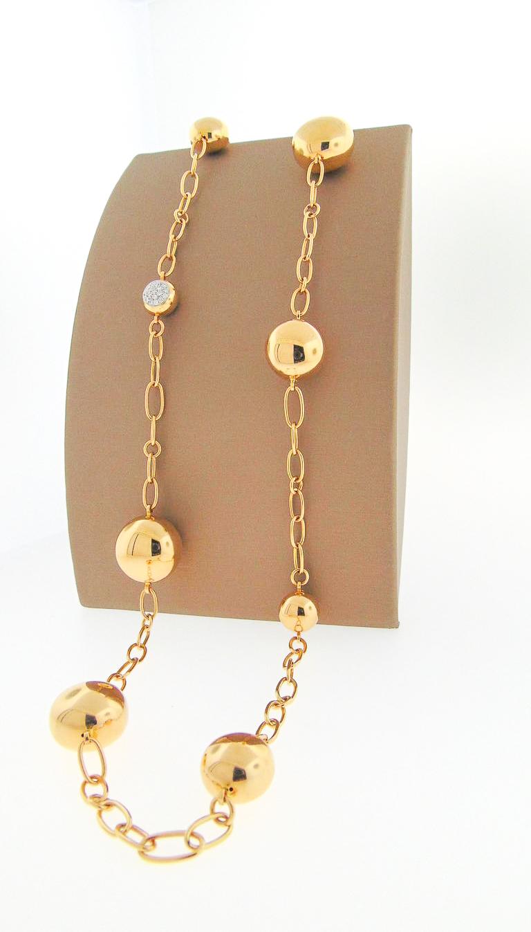 Round Cut 18 Karat Yellow Gold Long Chain with Ball Stations For Sale