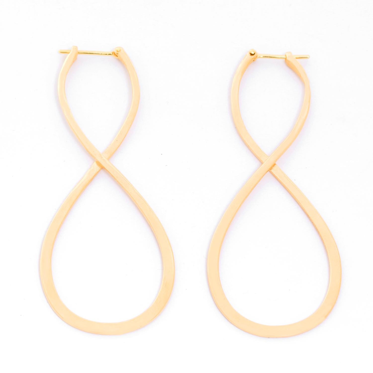 18K Yellow Gold Long Earrings  - Beautiful and unique long twirl earrings in an 8 shape. Wearable day or night.