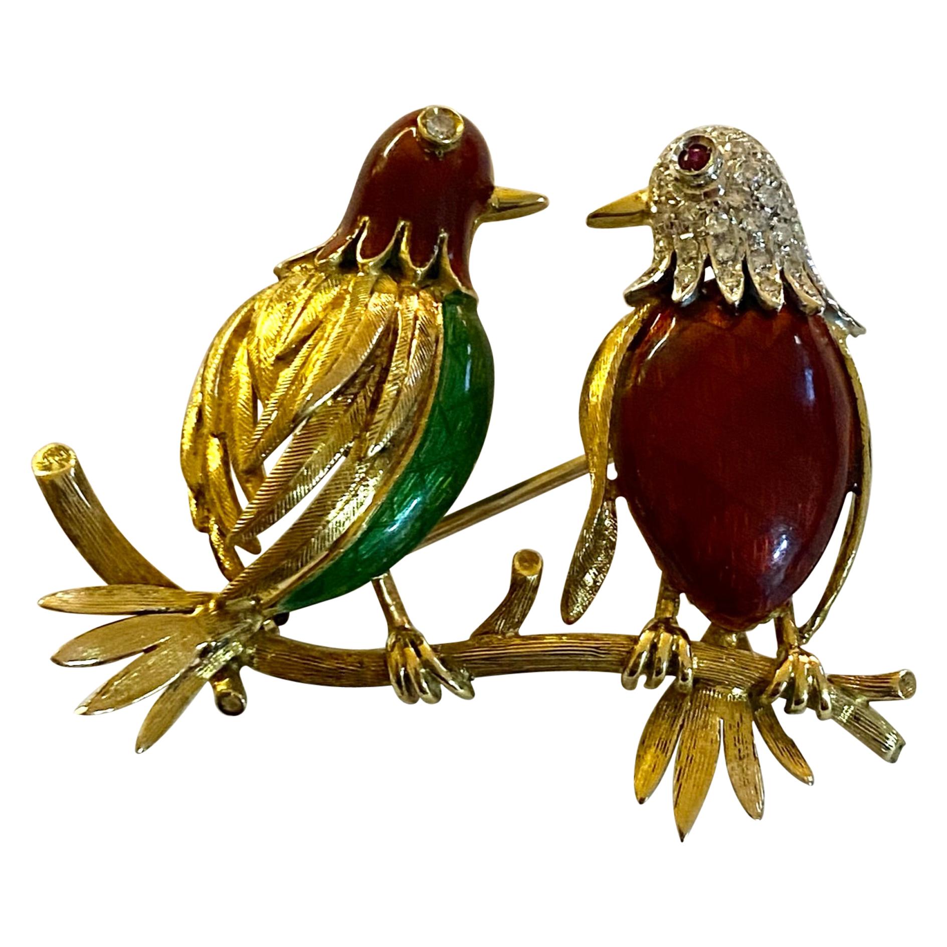 18 Karat Yellow Gold "Love Birds" Brooch, Enamel, Diamonds and Ruby For Sale
