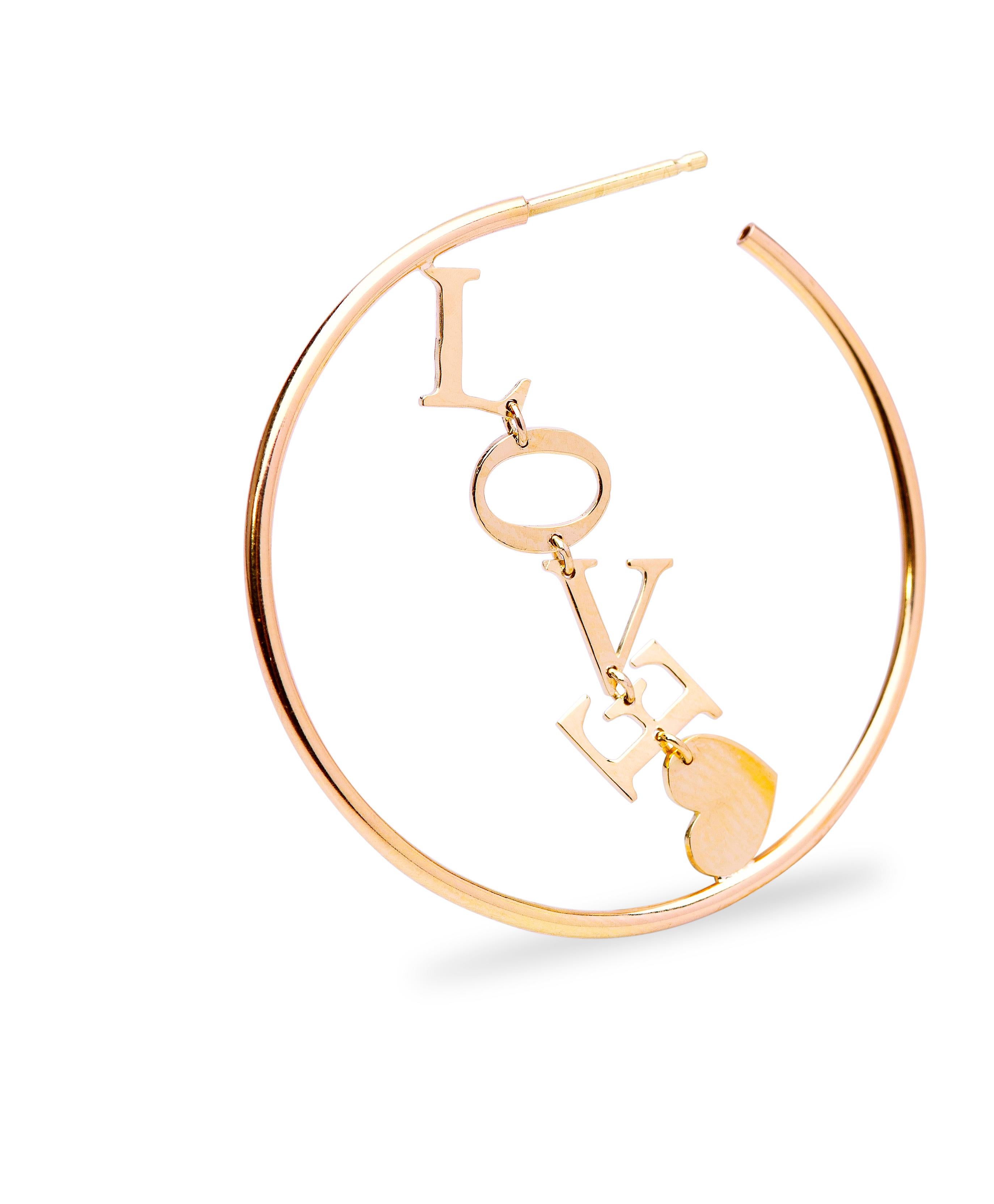Contemporary 18 karat Yellow Gold Love Hoop Handcrafted Customizable Modern Design Earrings For Sale