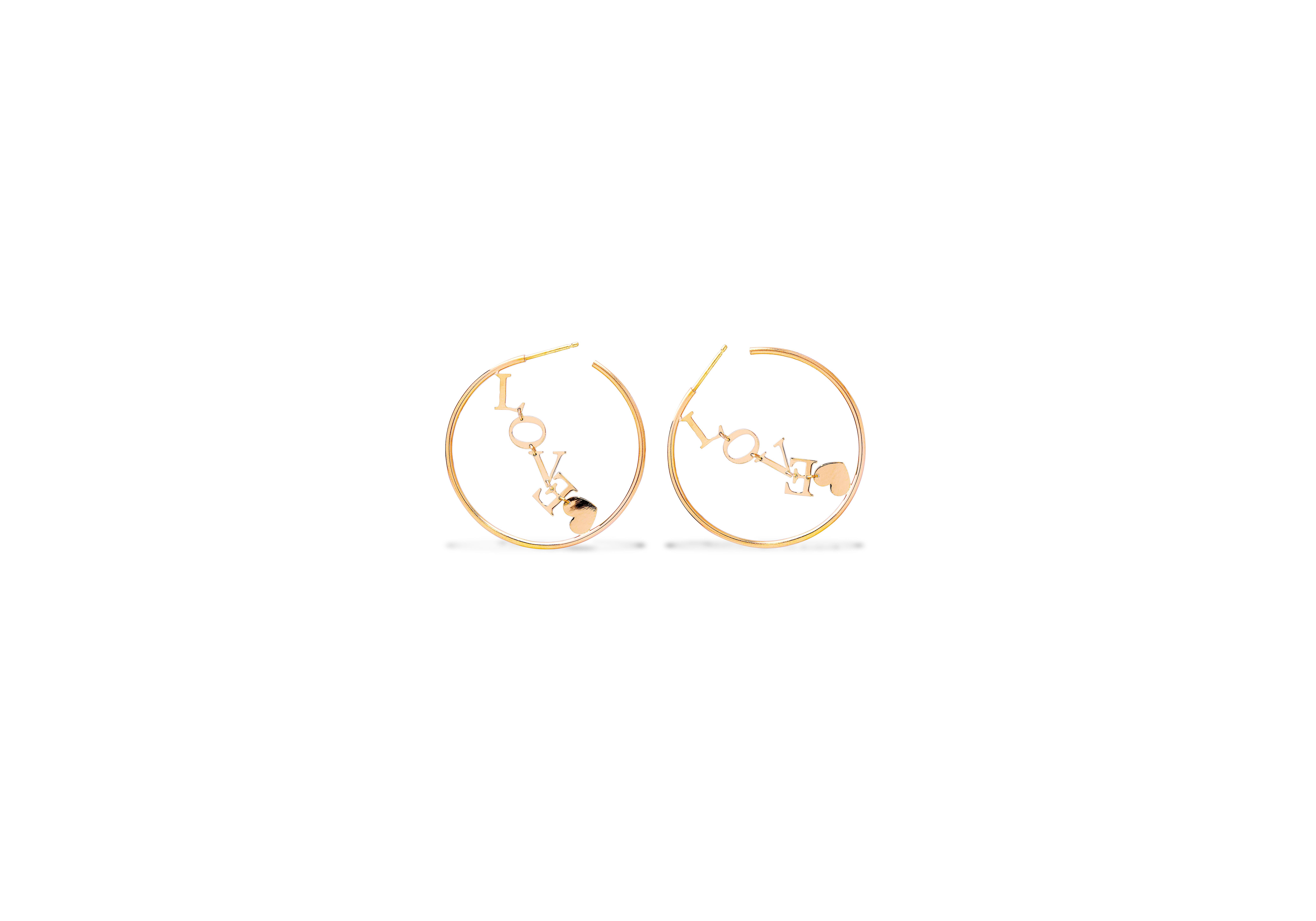 18 karat Yellow Gold Love Hoop Handcrafted Customizable Modern Design Earrings For Sale 2