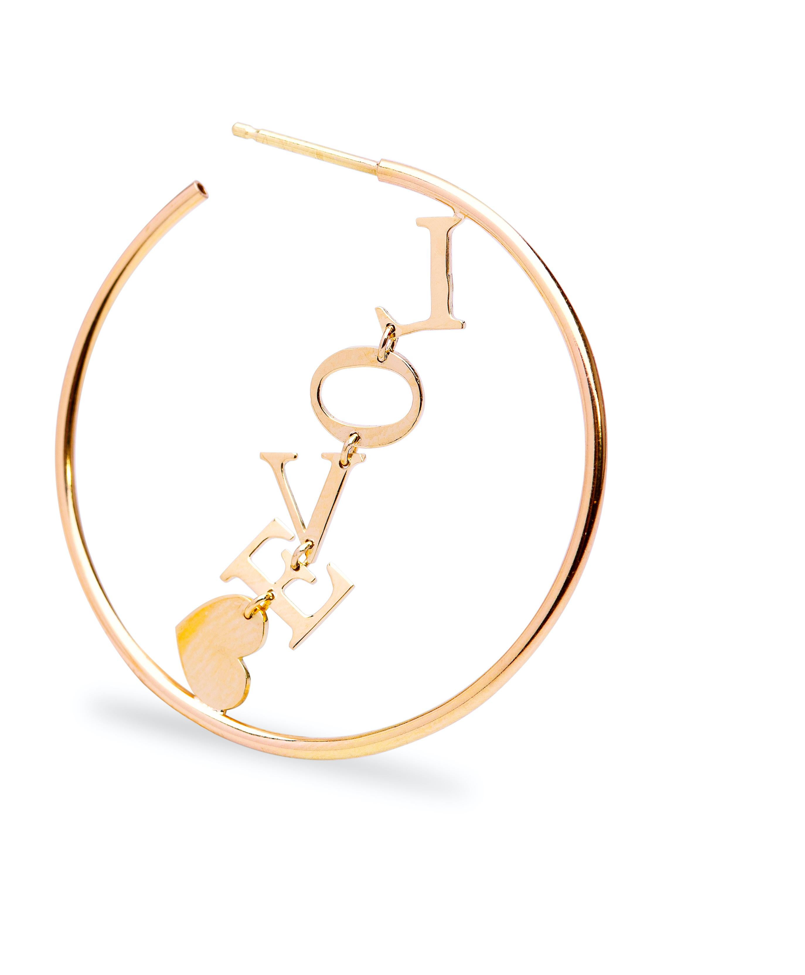 18 karat Yellow Gold Love Hoop Handcrafted Customizable Modern Design Earrings For Sale 3