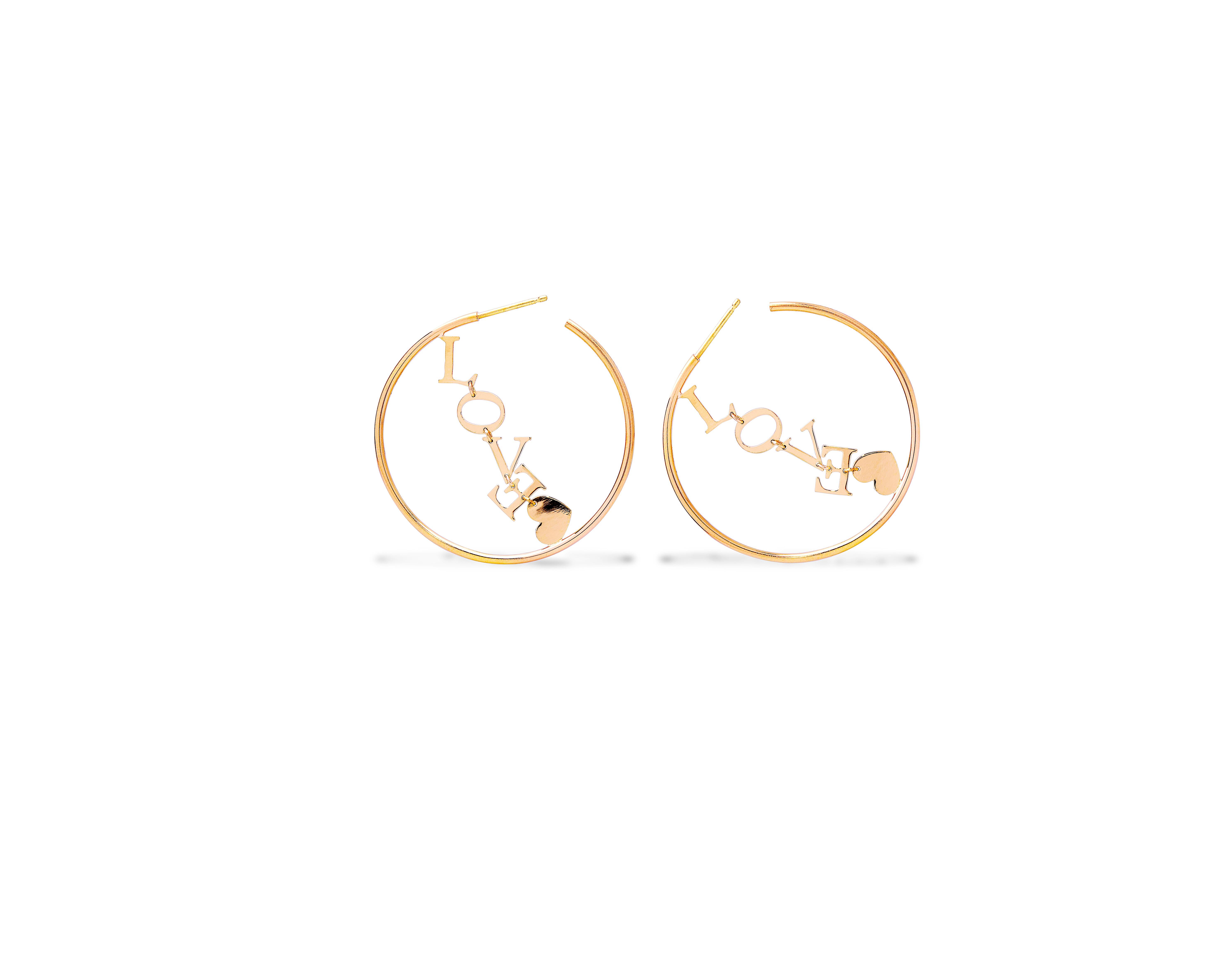 18 karat Yellow Gold Love Hoop Handcrafted Customizable Modern Design Earrings For Sale 4