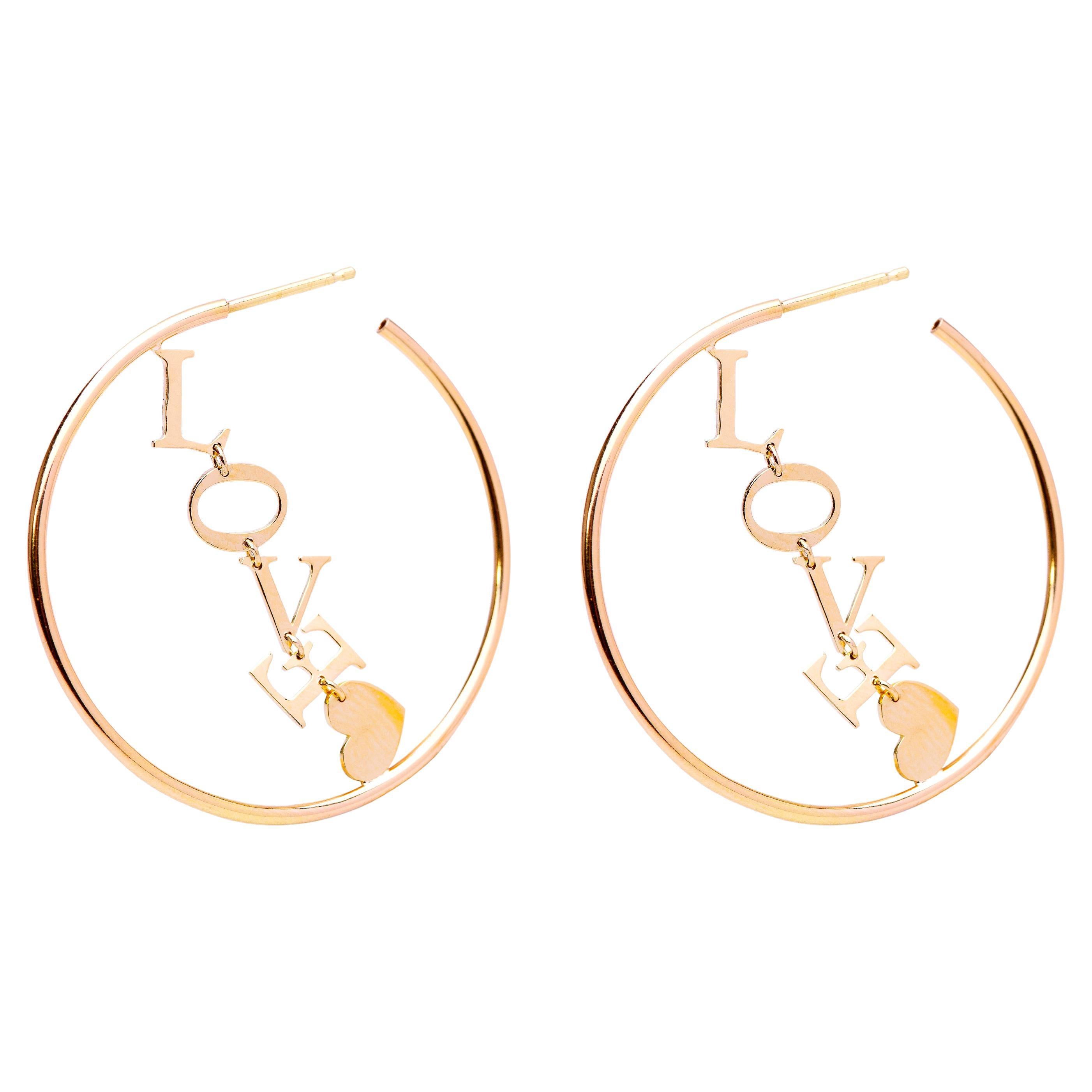 18 karat Yellow Gold Love Hoop Handcrafted Customizable Modern Design Earrings For Sale