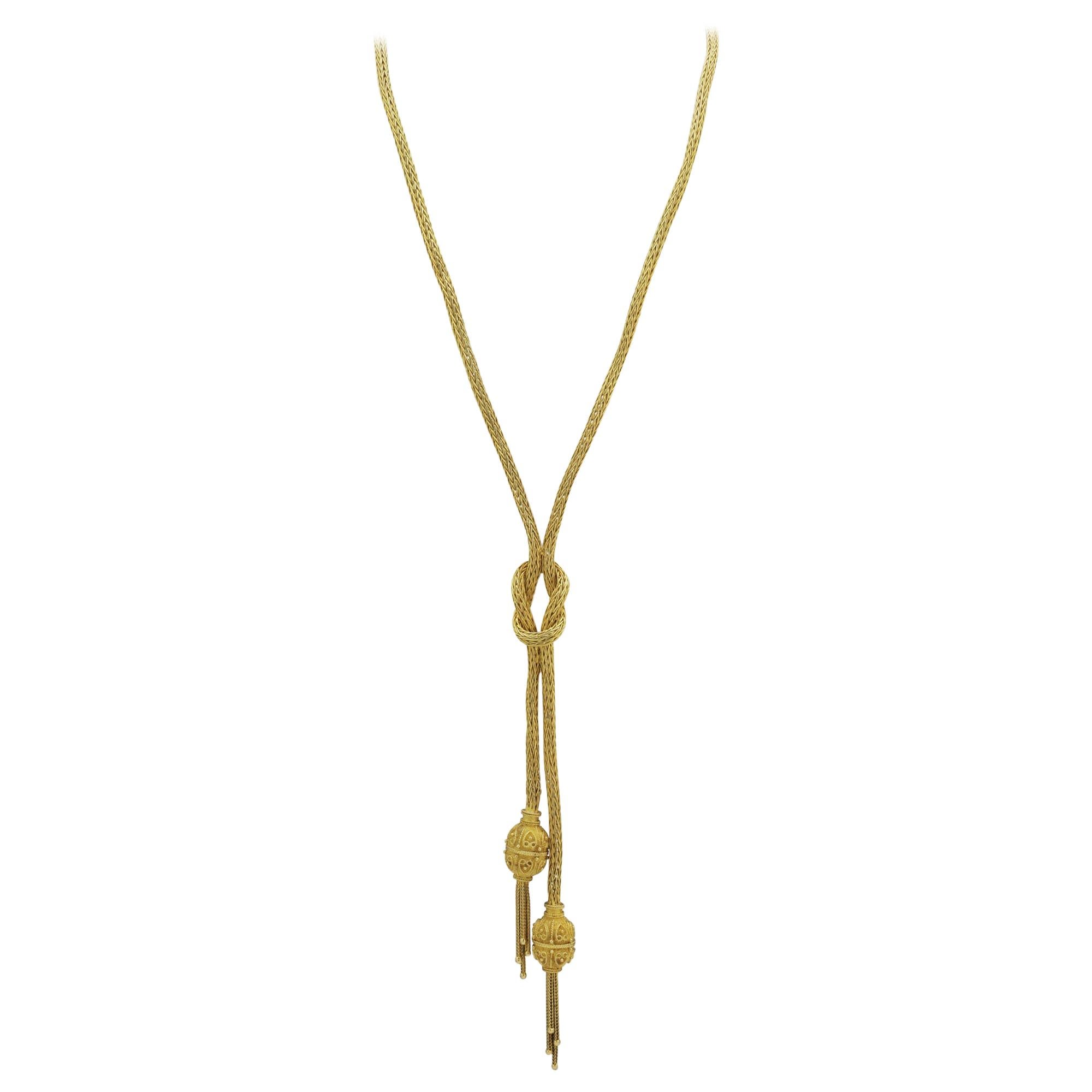 18 Karat Yellow Gold, Lovers Knot, Rope Lariat Necklace