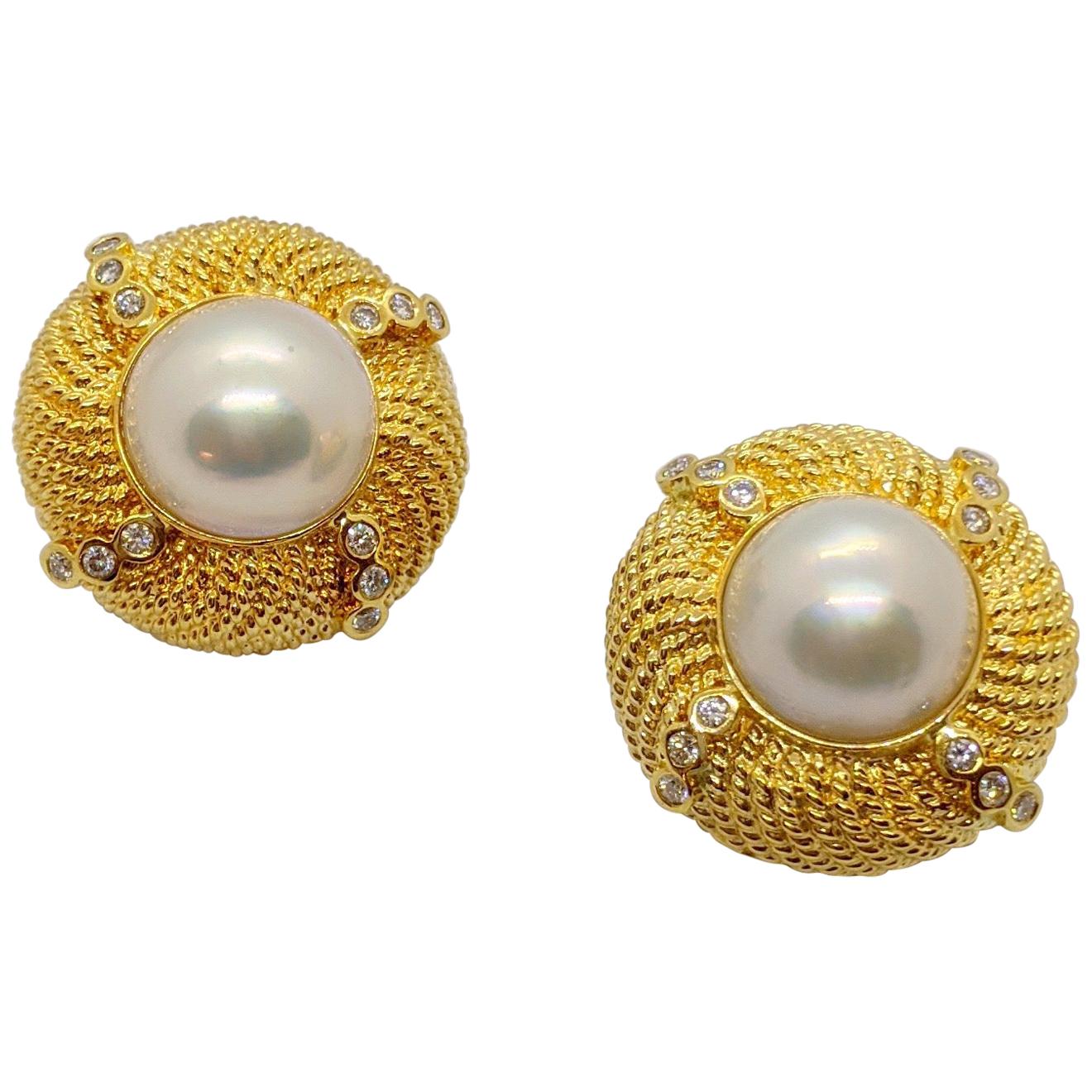 18 Karat Yellow Gold Mabe Pearl Button Earrings with .72 Carat Diamonds
