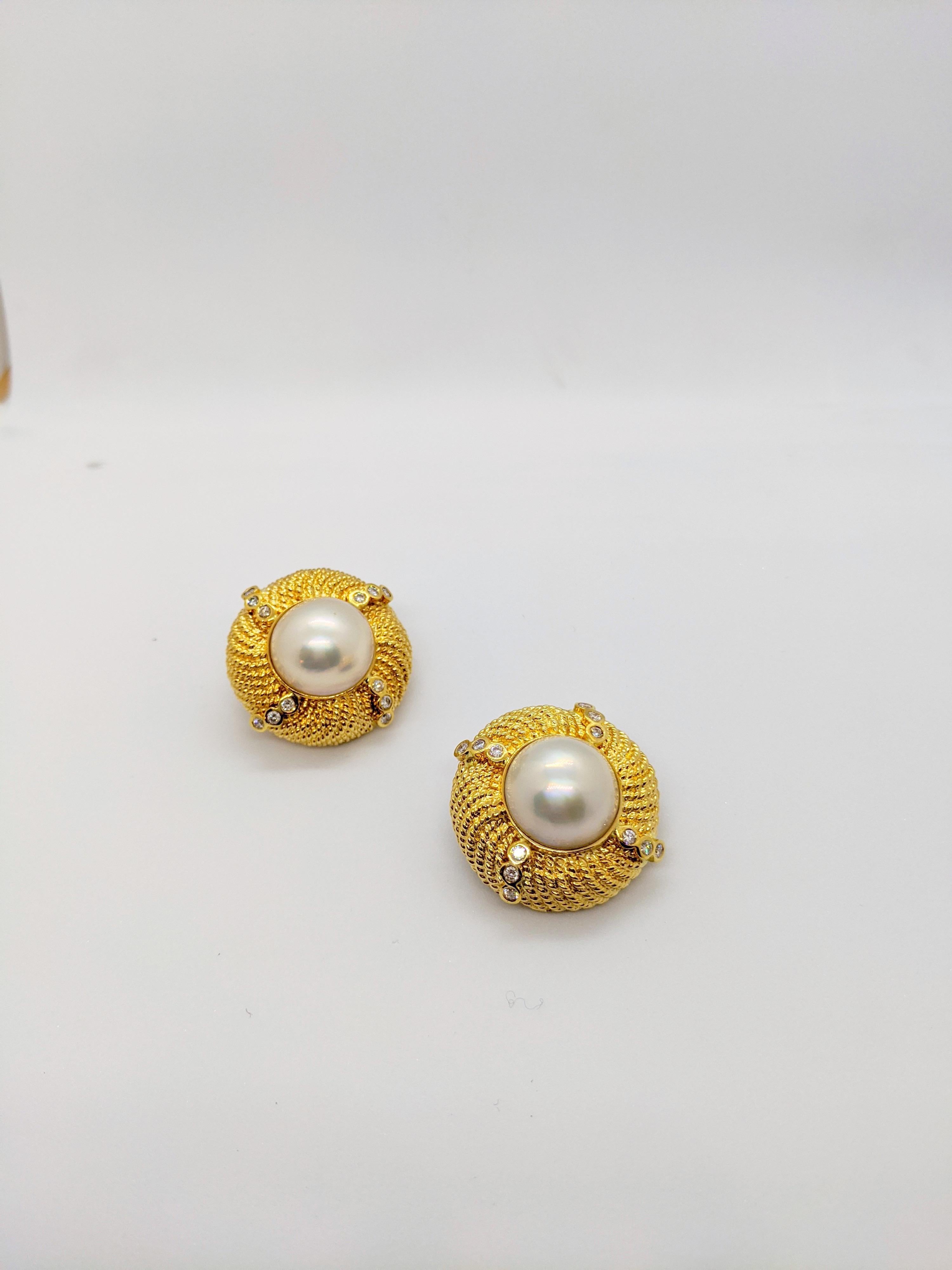 Retro 18 Karat Yellow Gold Mabe Pearl Button Earrings with .72 Carat Diamonds For Sale