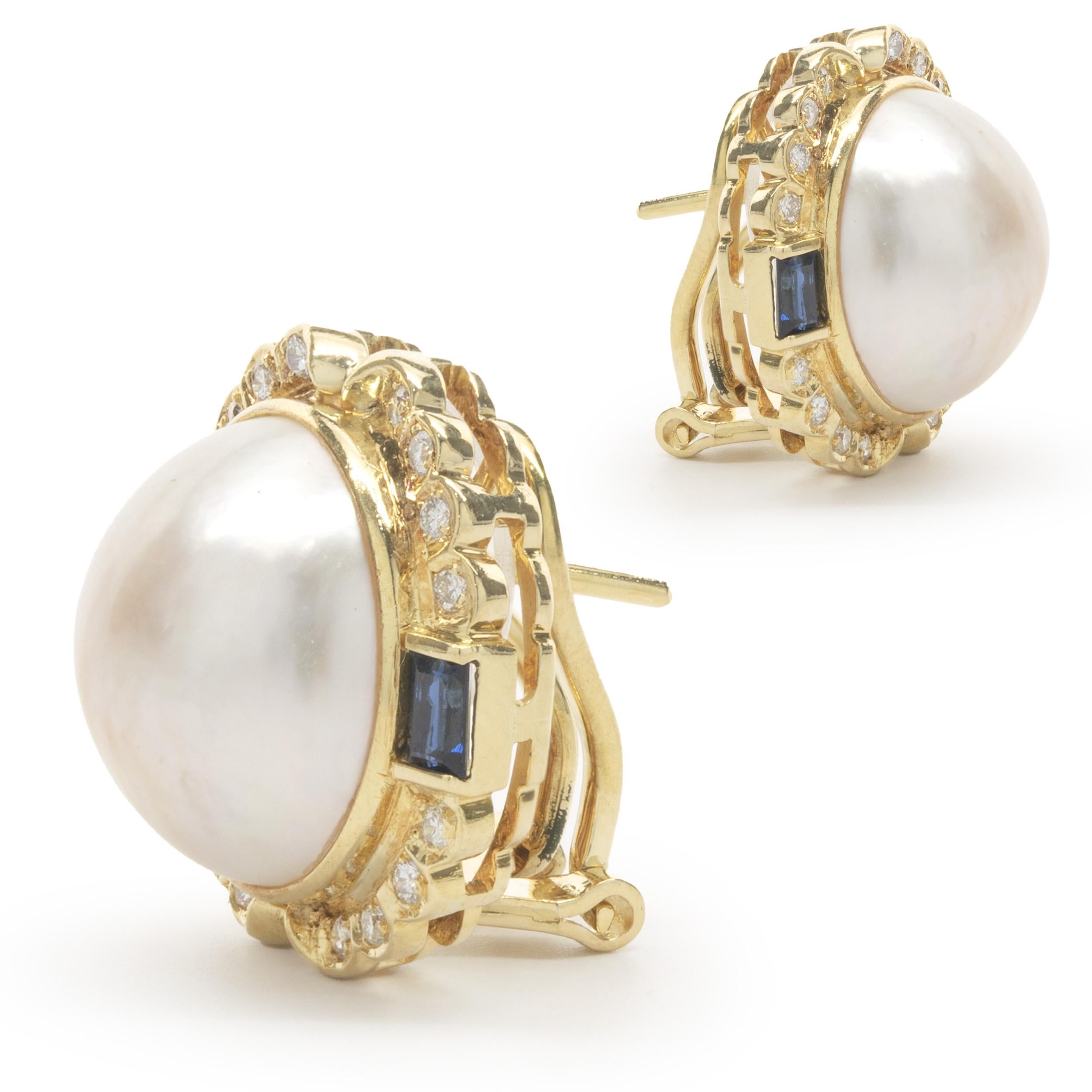 Round Cut 18 Karat Yellow Gold Mabe Pearl, Diamond and Sapphire Earrings
