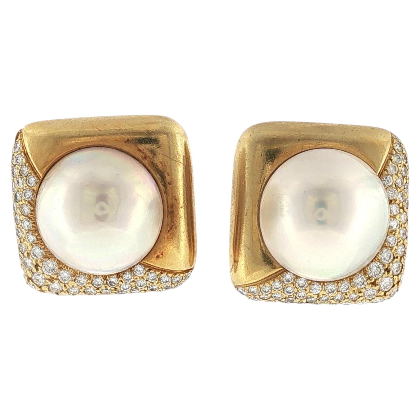 18 Karat Yellow Gold Mabe Pearl Diamond Ear Clip Earrings Circa 1980's