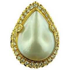 18 Karat Yellow Gold Mabe Pearl Ring with Diamonds