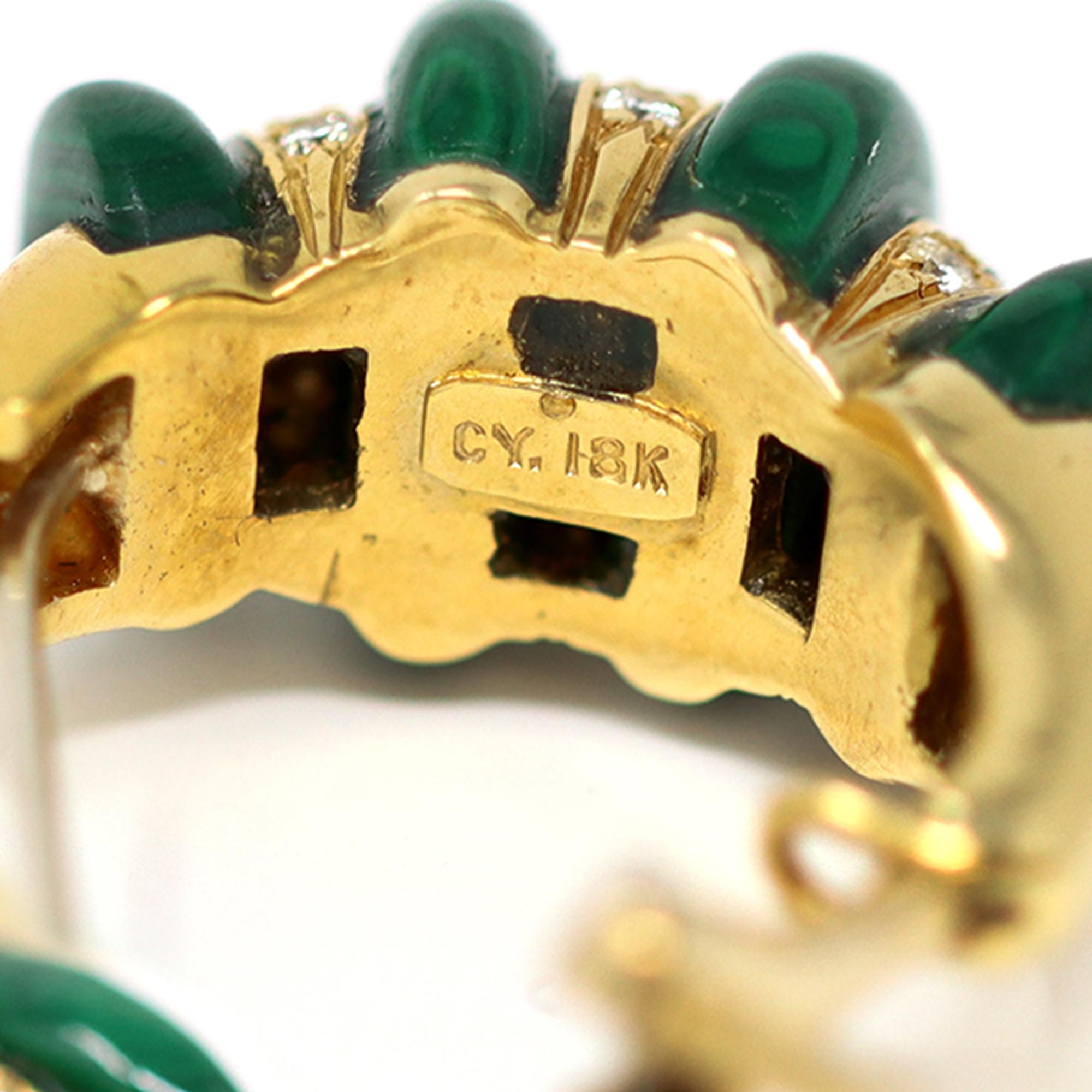 18 Karat Yellow Gold Malachite and Diamond Hoop Earrings, circa 1970 In Excellent Condition For Sale In Miami, FL