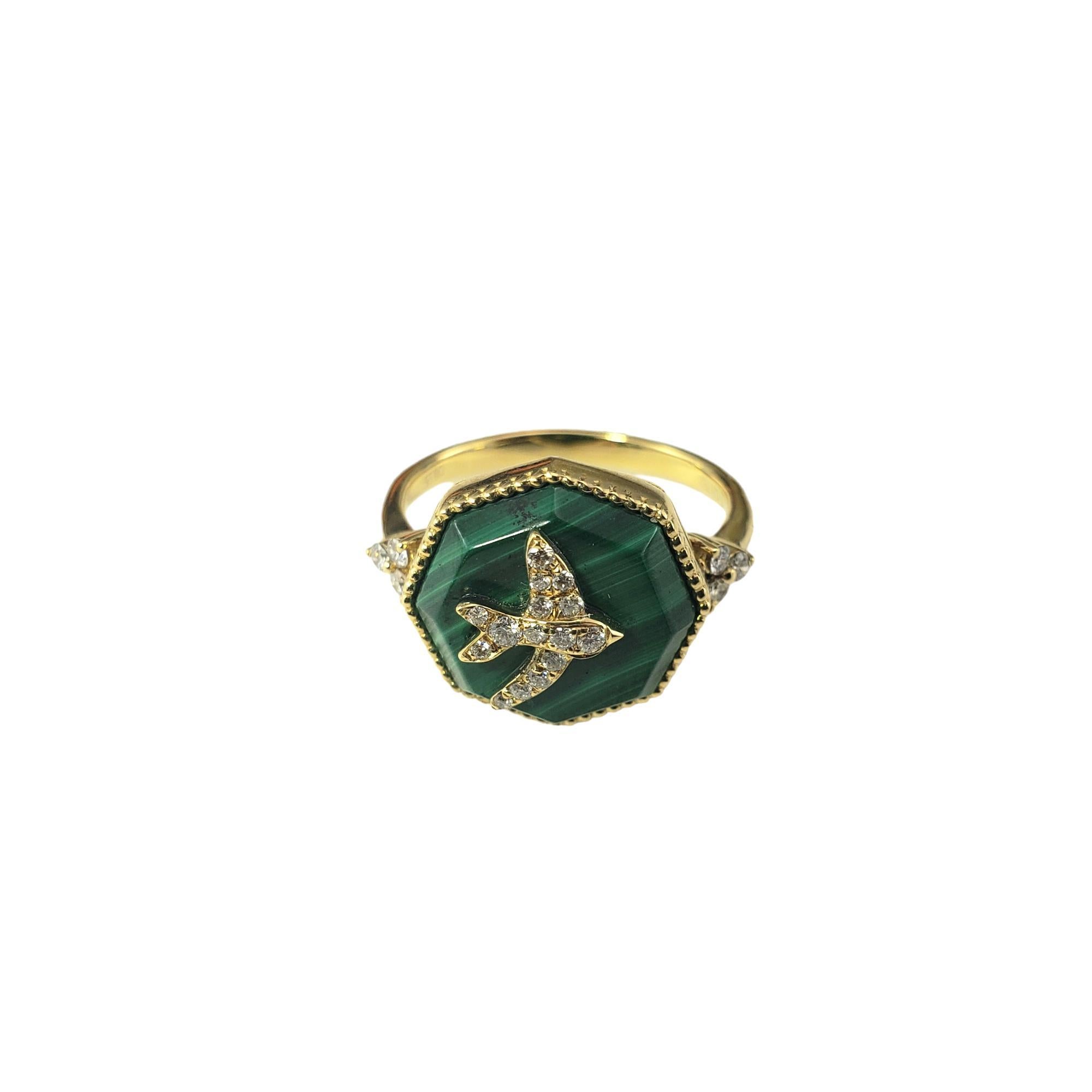 18 Karat Yellow Gold Malachite and Diamond Ring Size 5.75

This lovely 18K yellow gold ring features a green malachite stone topped with a diamond encrusted bird in flight.  

Width: 13 mm. Shank: 2 mm.

Approximate total diamond weight:  .15