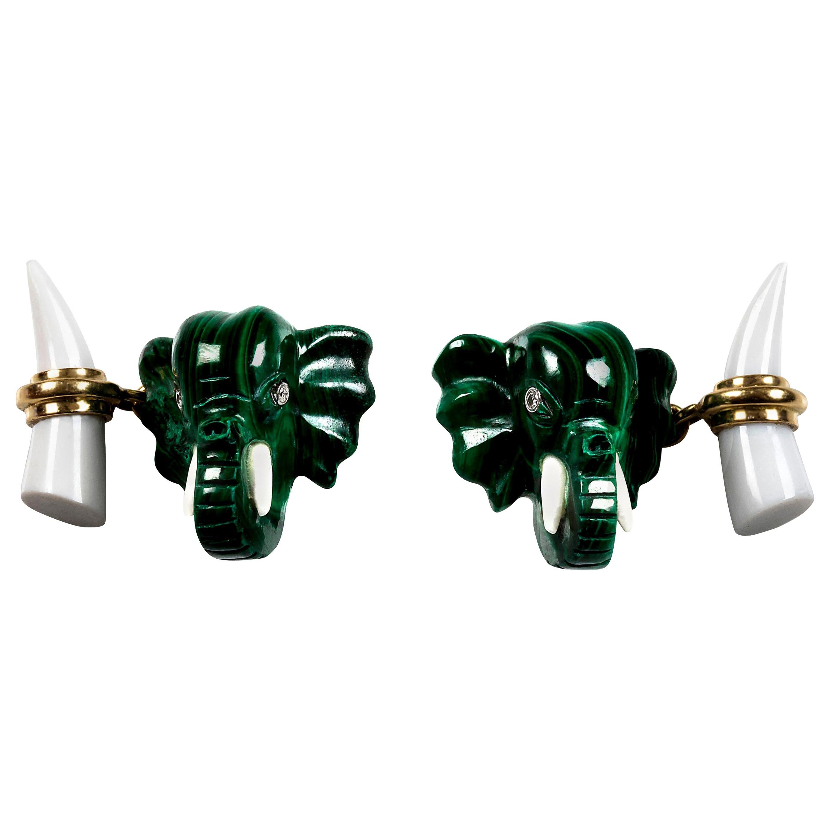 18 Karat Yellow Gold Malachite Elephant Heads White Diamonds Cufflinks For Sale