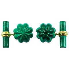 18 Karat Yellow Gold Malachite Flower Cufflinks