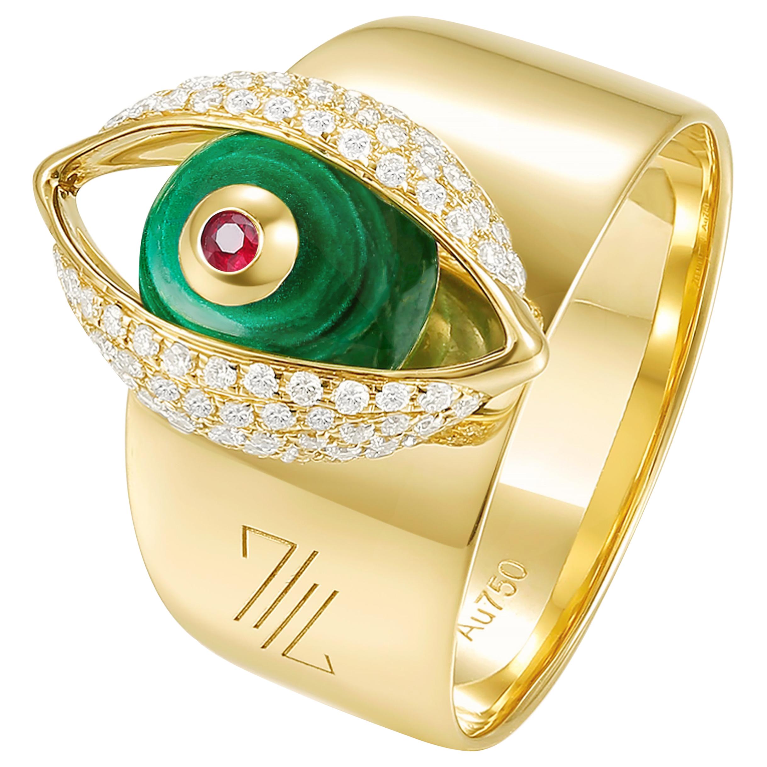 Eye Cocktail Ring 18 Karat Yellow Gold Green Malachite Pave Diamonds Ruby For Sale