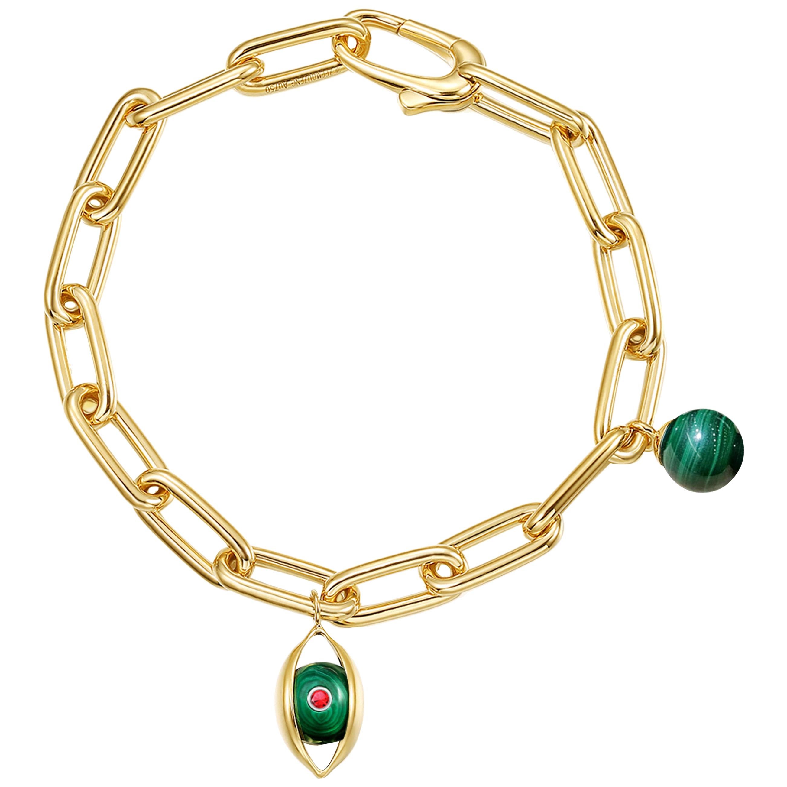 Eye Unisex Chain Bracelet 18 Karat Yellow Gold Malachite Ruby Diamond For Sale