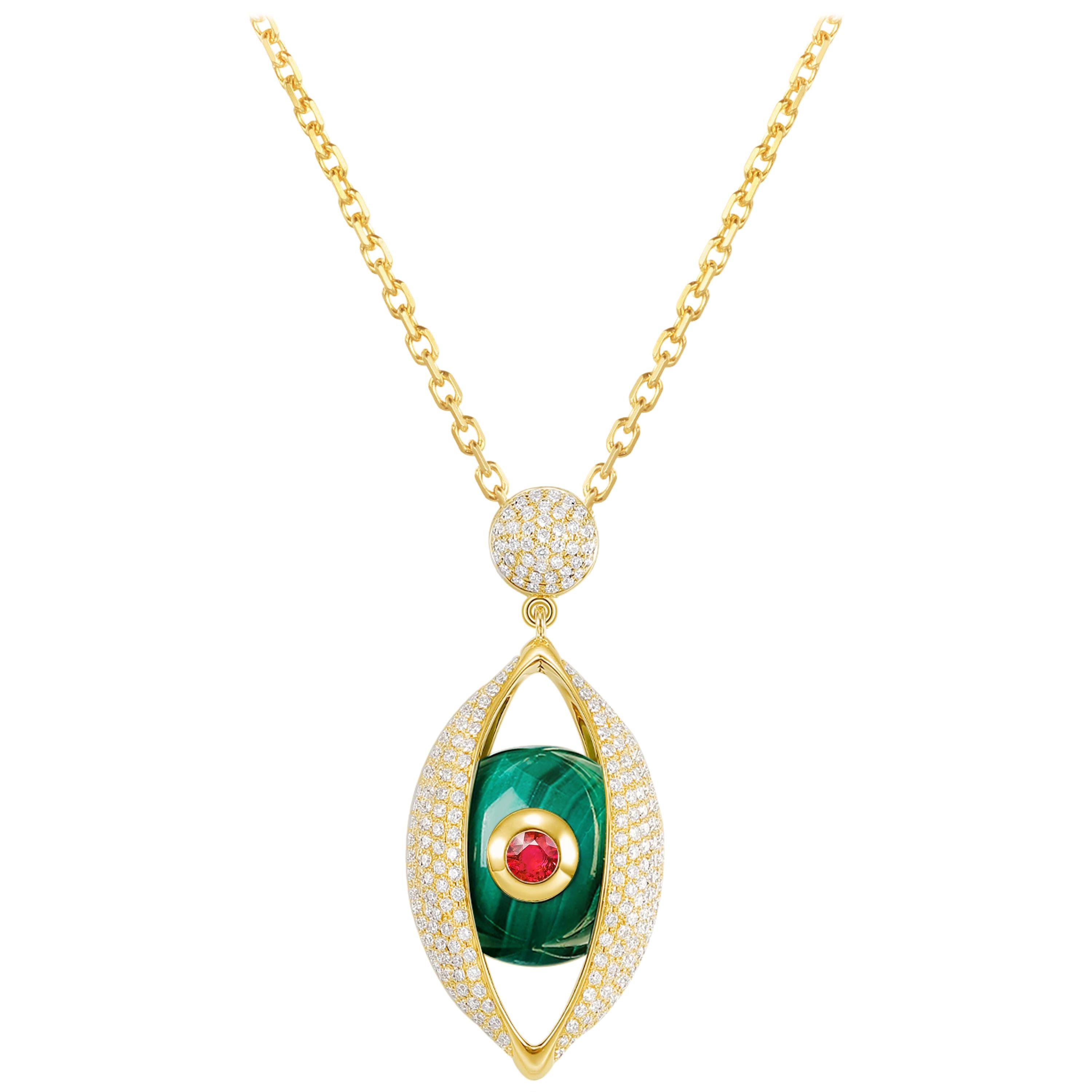 Eye Unisex Pendant Necklace 18 Karat Yellow Gold Green Malachite Ruby Diamond For Sale