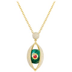 Eye Unisex Pendant Necklace 18 Karat Yellow Gold Green Malachite Ruby Diamond