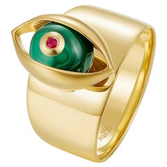Eye Unisex Ring 18 Karat Yellow Gold Green Malachite Ruby White Diamond