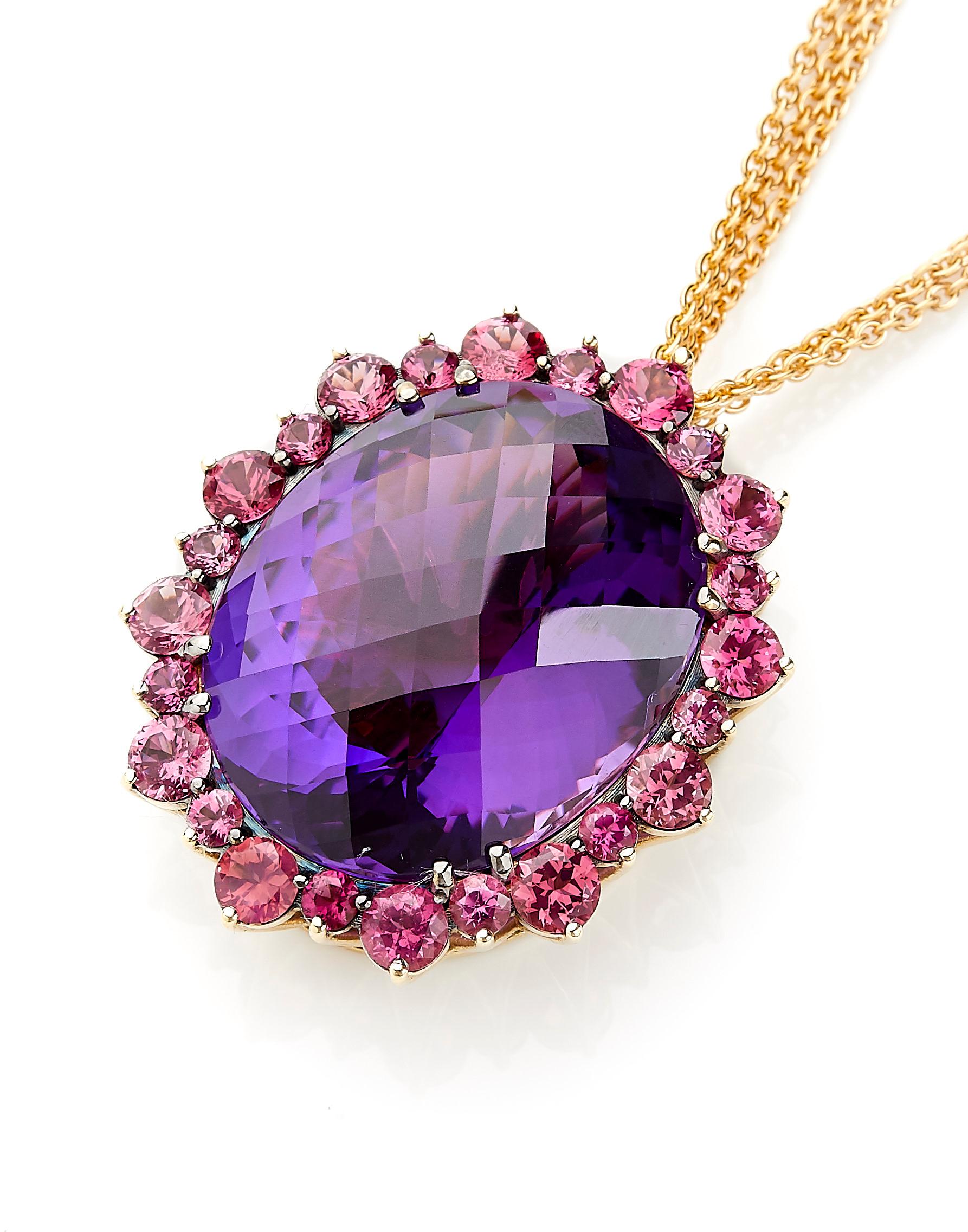Contemporary 18 Karat Yellow Gold Pendant Necklace with 49.13 Carat Amethyst and Spinels For Sale