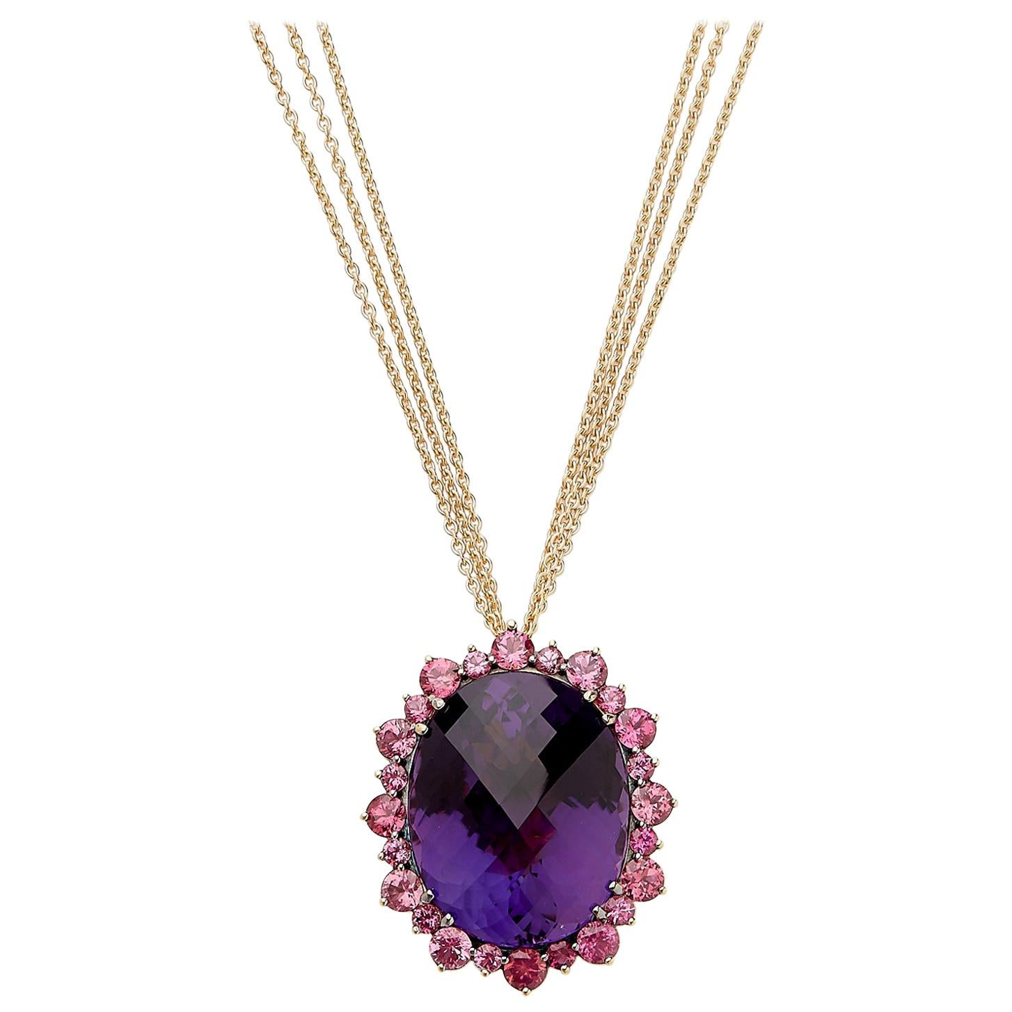 18 Karat Yellow Gold Pendant Necklace with 49.13 Carat Amethyst and Spinels For Sale