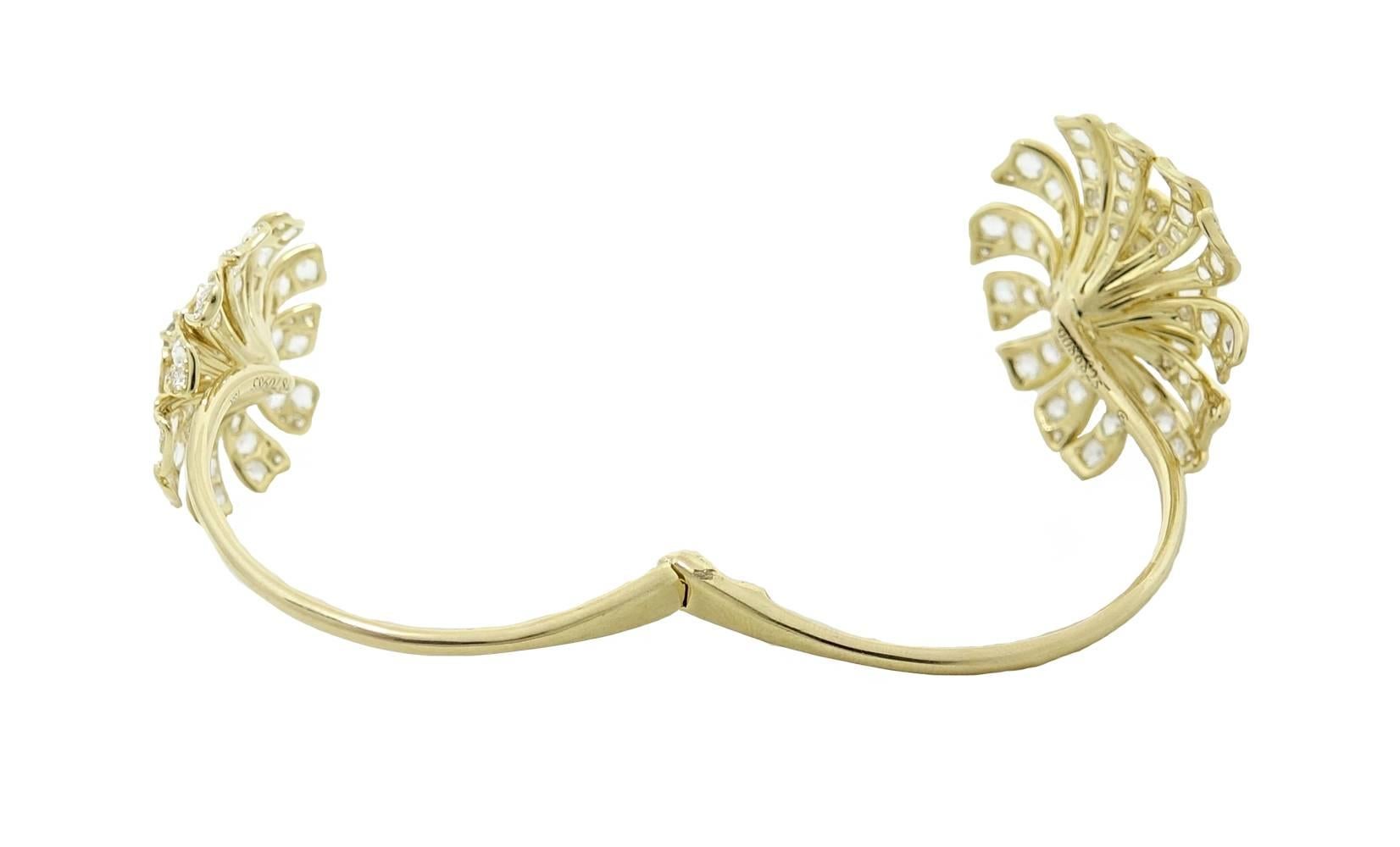 18 Karat Yellow Gold Maria Canale Flower Bangle with Rose Cut Diamonds In New Condition For Sale In Naples, FL