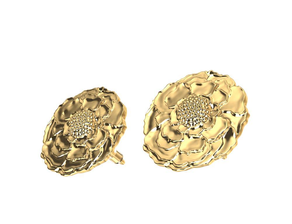 18 Karat Gelbgold Ringelblumen-Ohrstecker, Die anspruchsvollen Blütenblätter der Ringelblume. Von einer meiner Zeichnungen, die im Buchdruck gedruckt wurde. Dies ist zierlich. 3/8tel Zoll  oder 10-11 mm Durchmesser. Mit den gleichen Details wie bei