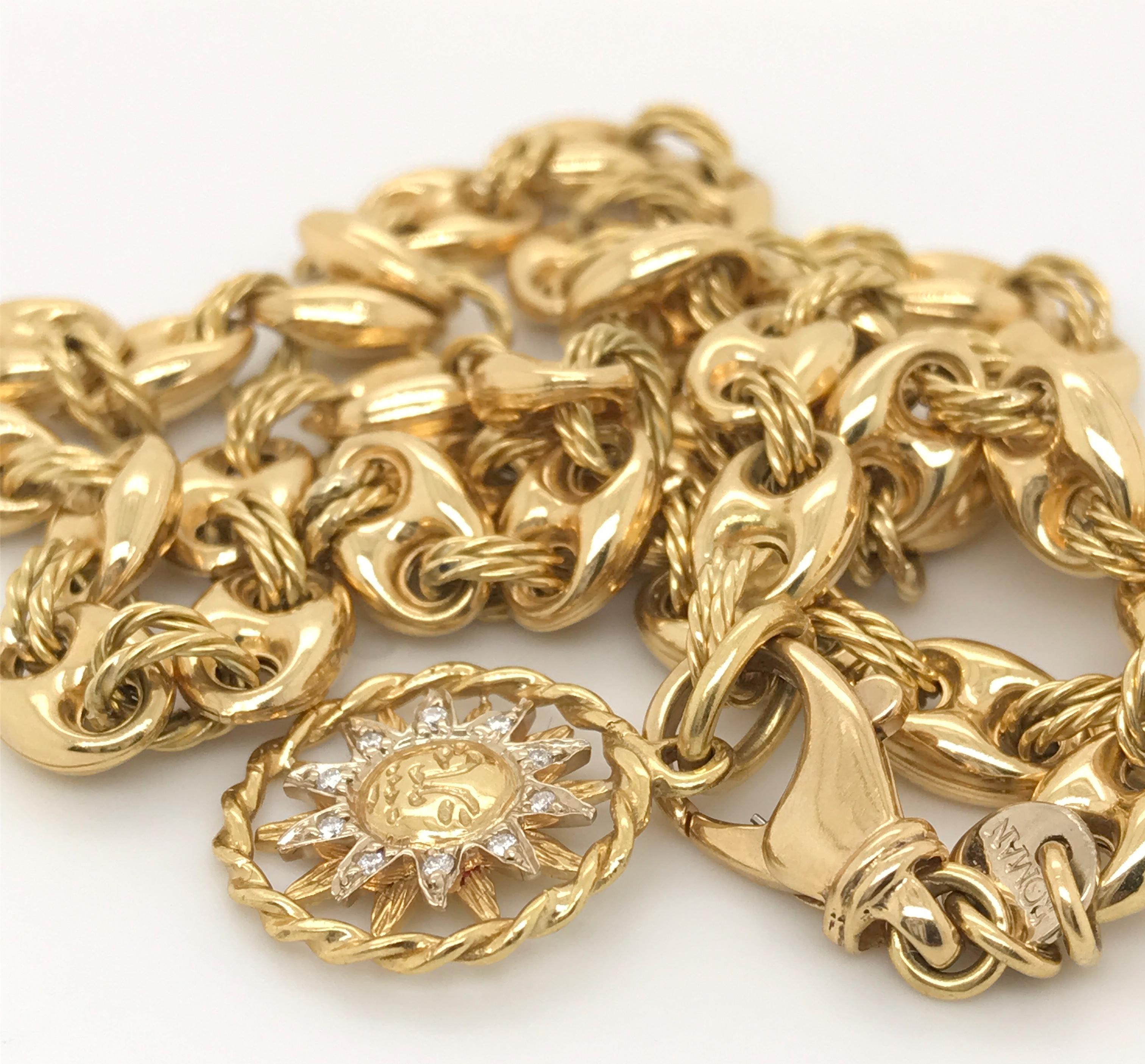 Contemporary 18 Karat Yellow Gold Nautical Link Chain Necklace with Diamond Set Sun Charm