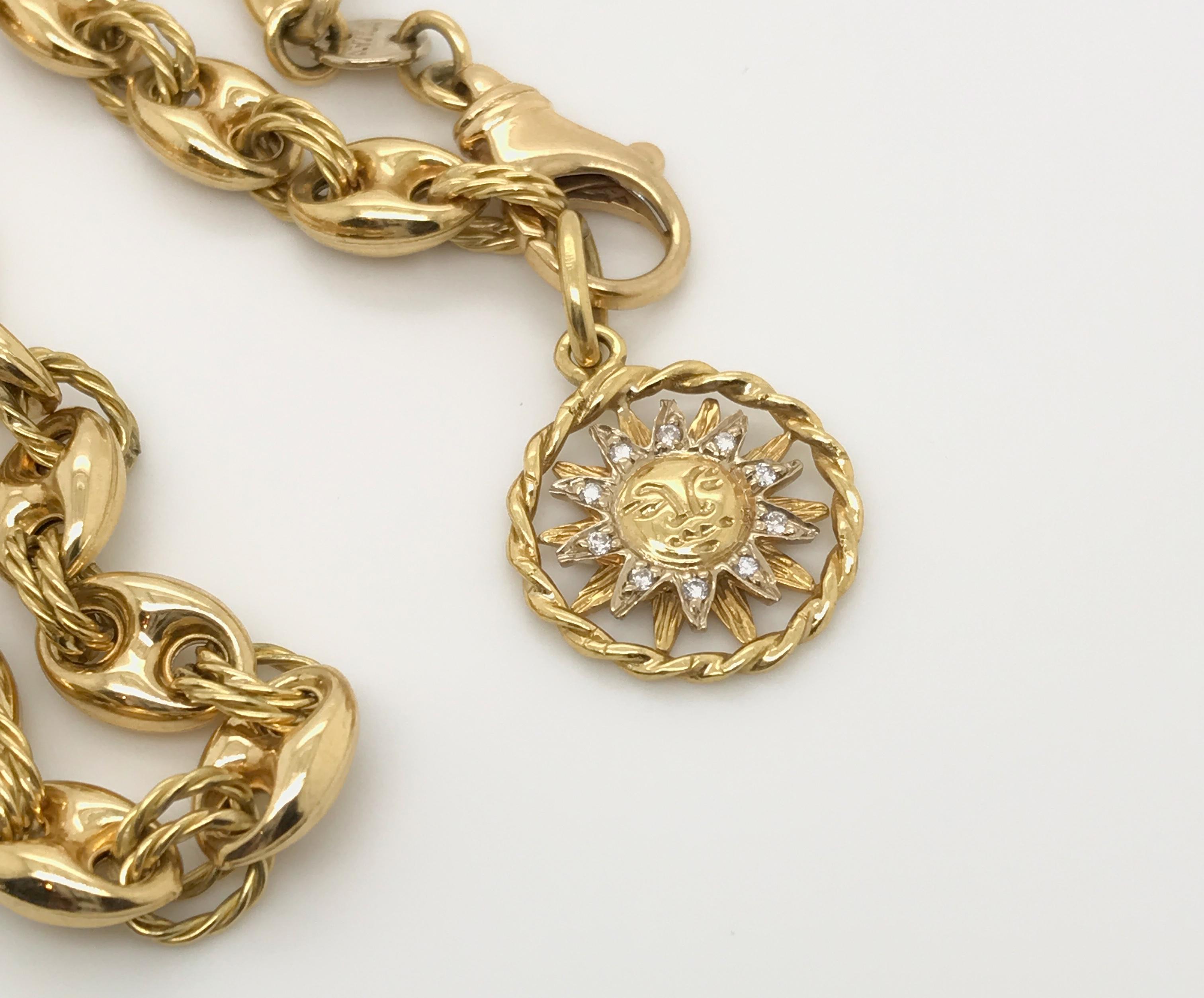 Round Cut 18 Karat Yellow Gold Nautical Link Chain Necklace with Diamond Set Sun Charm