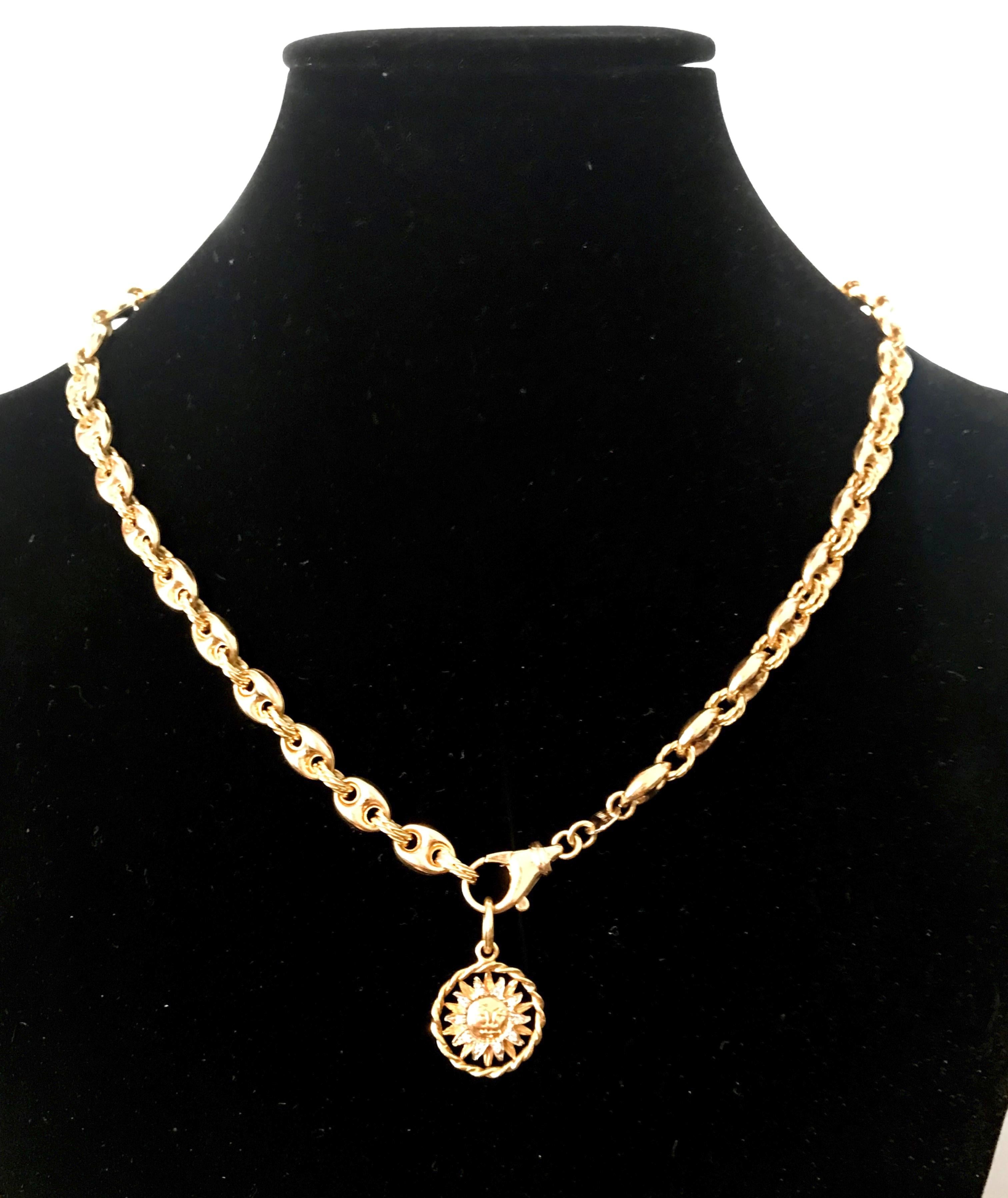 Women's 18 Karat Yellow Gold Nautical Link Chain Necklace with Diamond Set Sun Charm