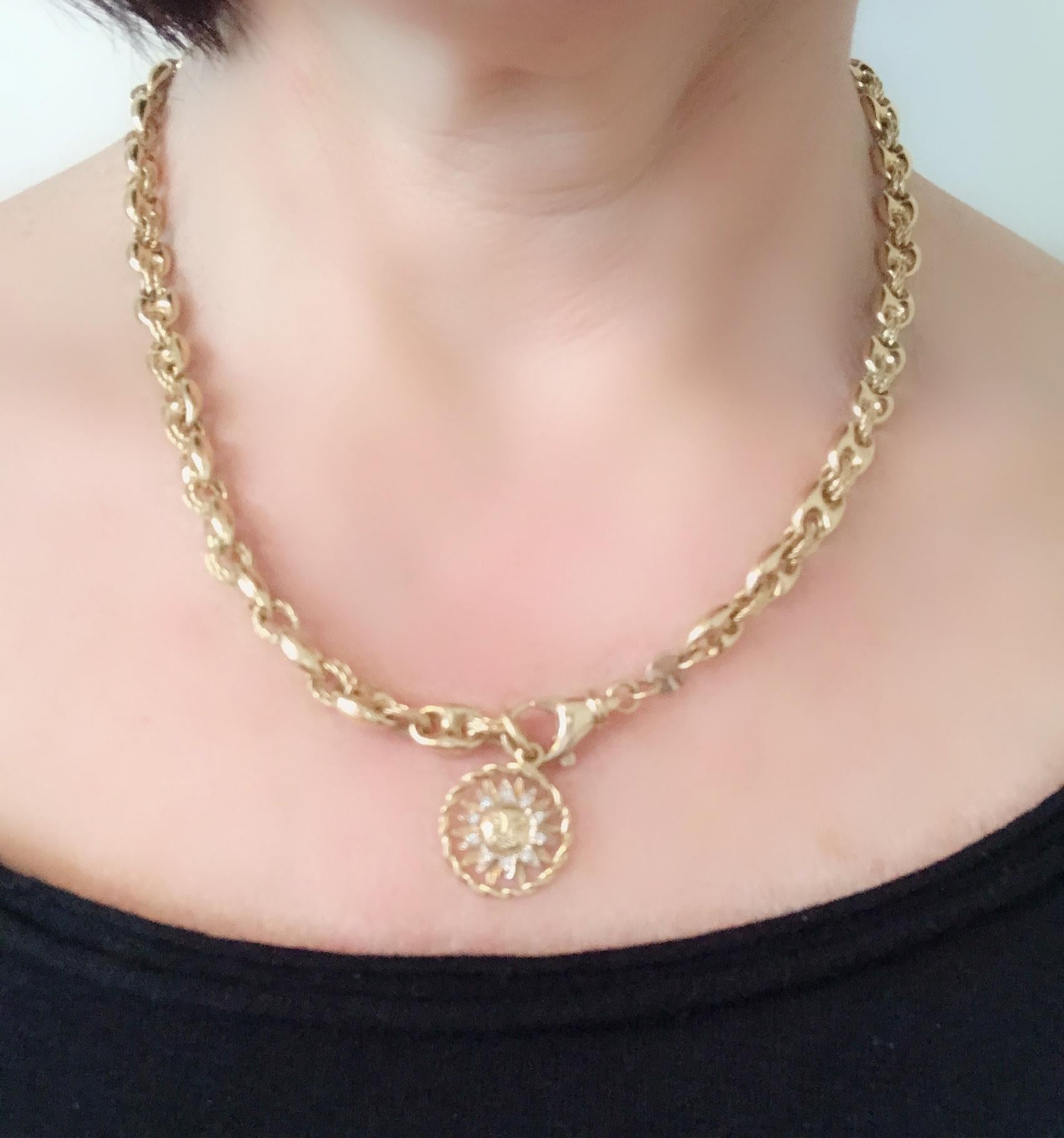 18 Karat Yellow Gold Nautical Link Chain Necklace with Diamond Set Sun Charm 2