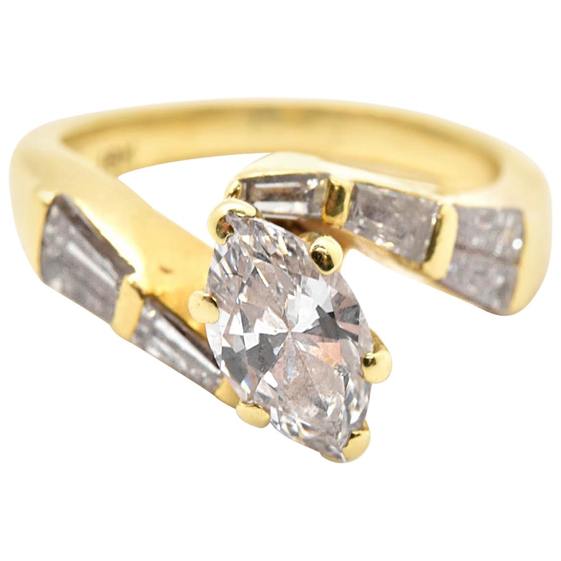 18 Karat Yellow Gold Marquise 1.35 Carat Diamond Engagement Ring