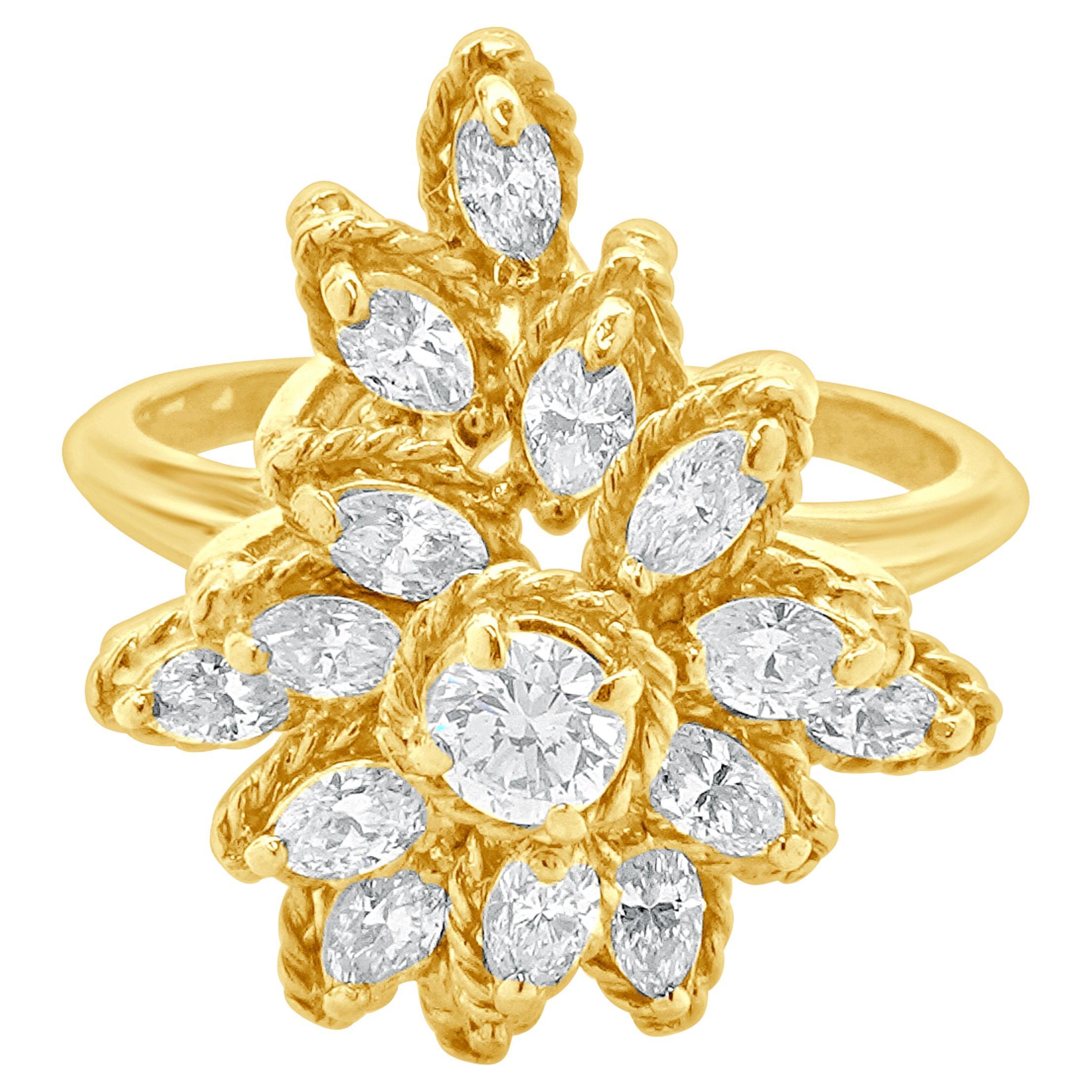 18 Karat Yellow Gold Marquise and Round Brilliant Diamond Cocktail Ring