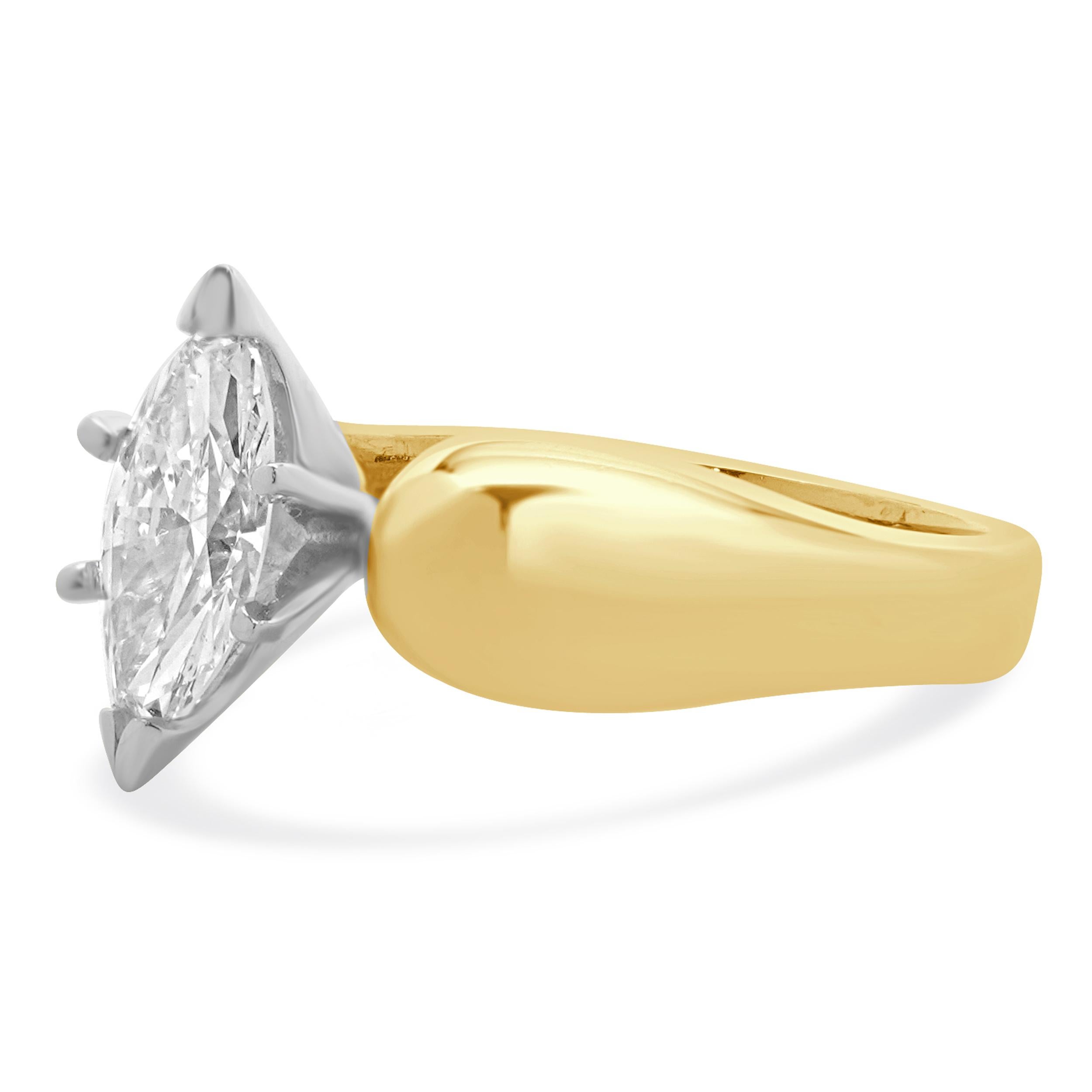 Material: 18K Yellow gold
Center Diamond: 1 marquise cut = 1.00ct
Color: I
Clarity: SI2
Ring Size: 5.5 (please allow up to 2 additional business days for sizing requests)
Dimensions: ring top measures 6mm wide
Weight: 6.53 grams
