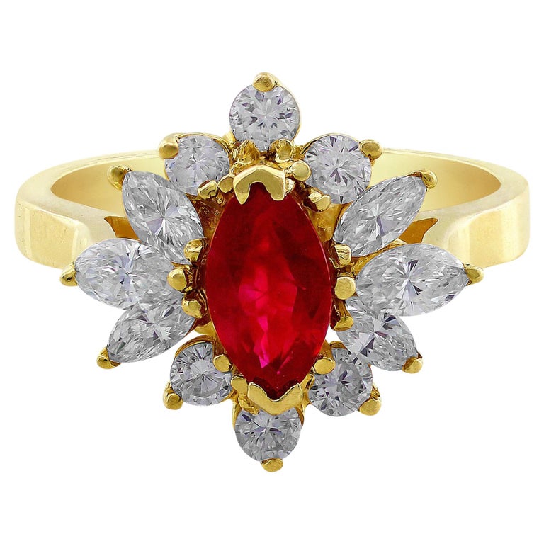 18 Karat Yellow Gold Marquise Cut Ruby Diamond Ring For Sale at 1stDibs