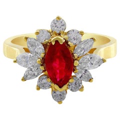 18 Karat Yellow Gold Marquise Cut Ruby Diamond Ring