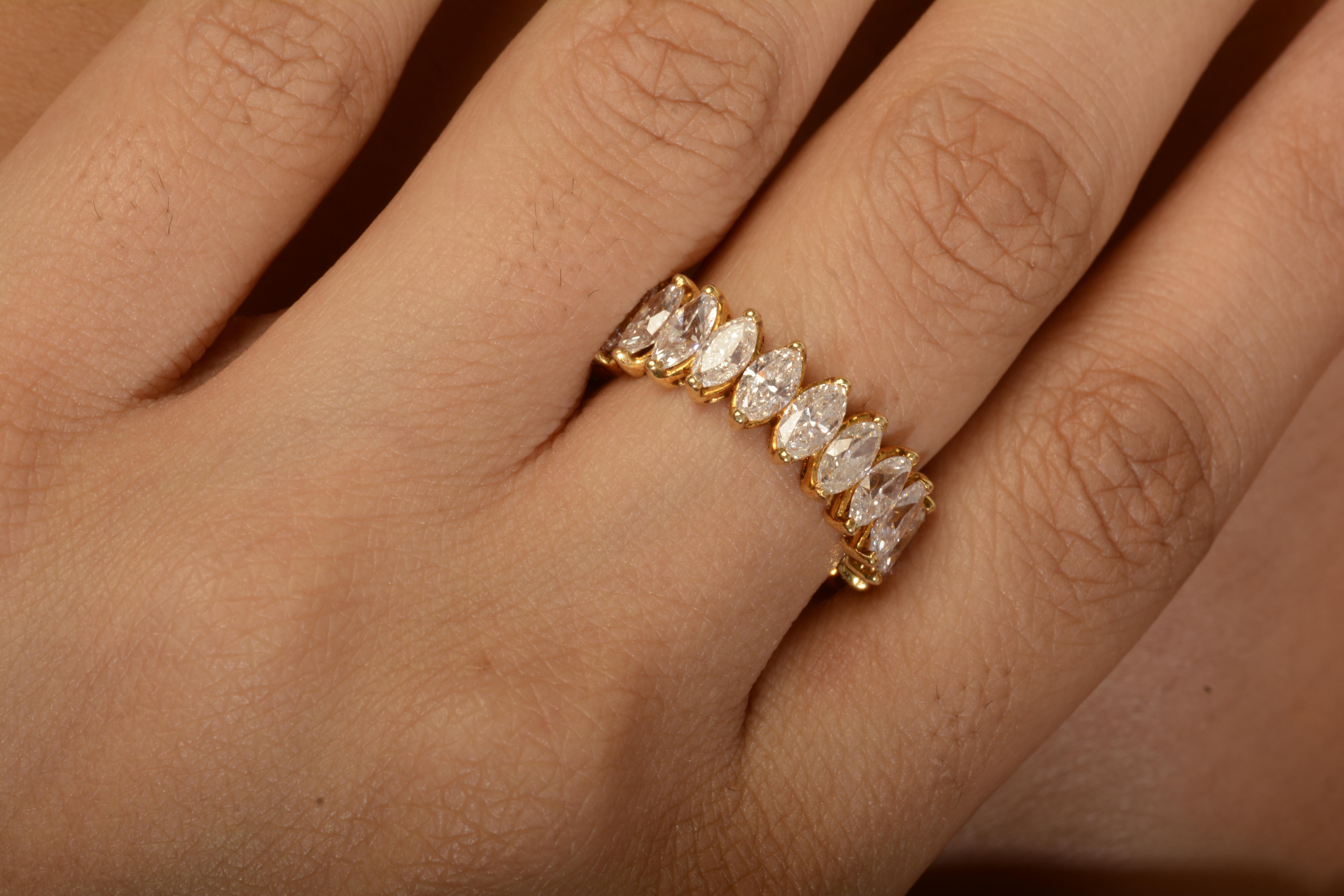 Marquise Cut 18 Karat Yellow Gold Marquise Diamond Eternity Ring For Sale