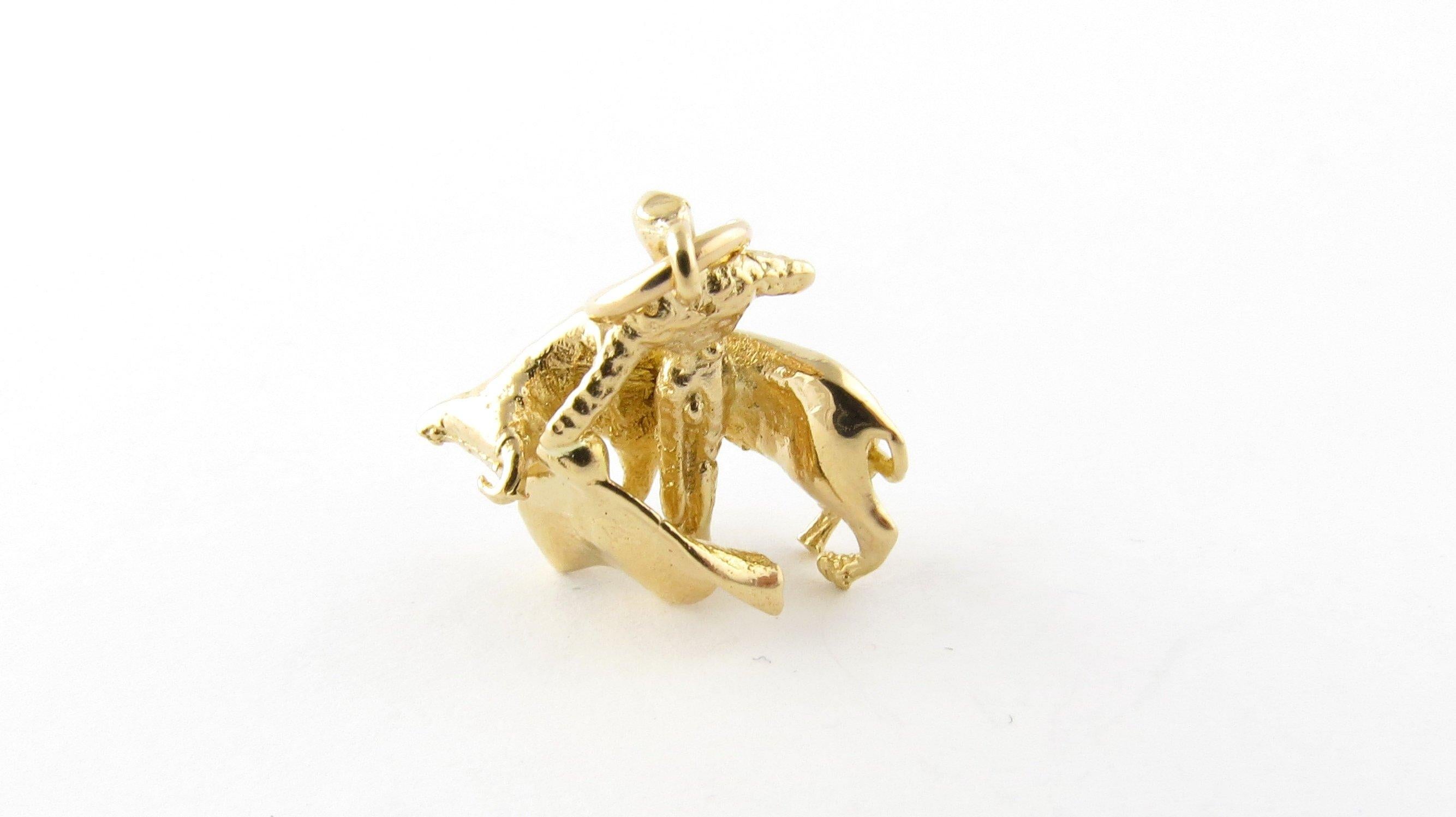Vintage 18 Karat Yellow Gold Matador and Bull Charm
Toro! 
This lovely 3D charm features a matador and bull beautifully detailed in 18K yellow gold. 
Size: 17 mm x 17 mm (actual charm) 
Weight: 3.4 dwt. / 5.4 gr. 
Hallmark: Acid tested for 18K gold.