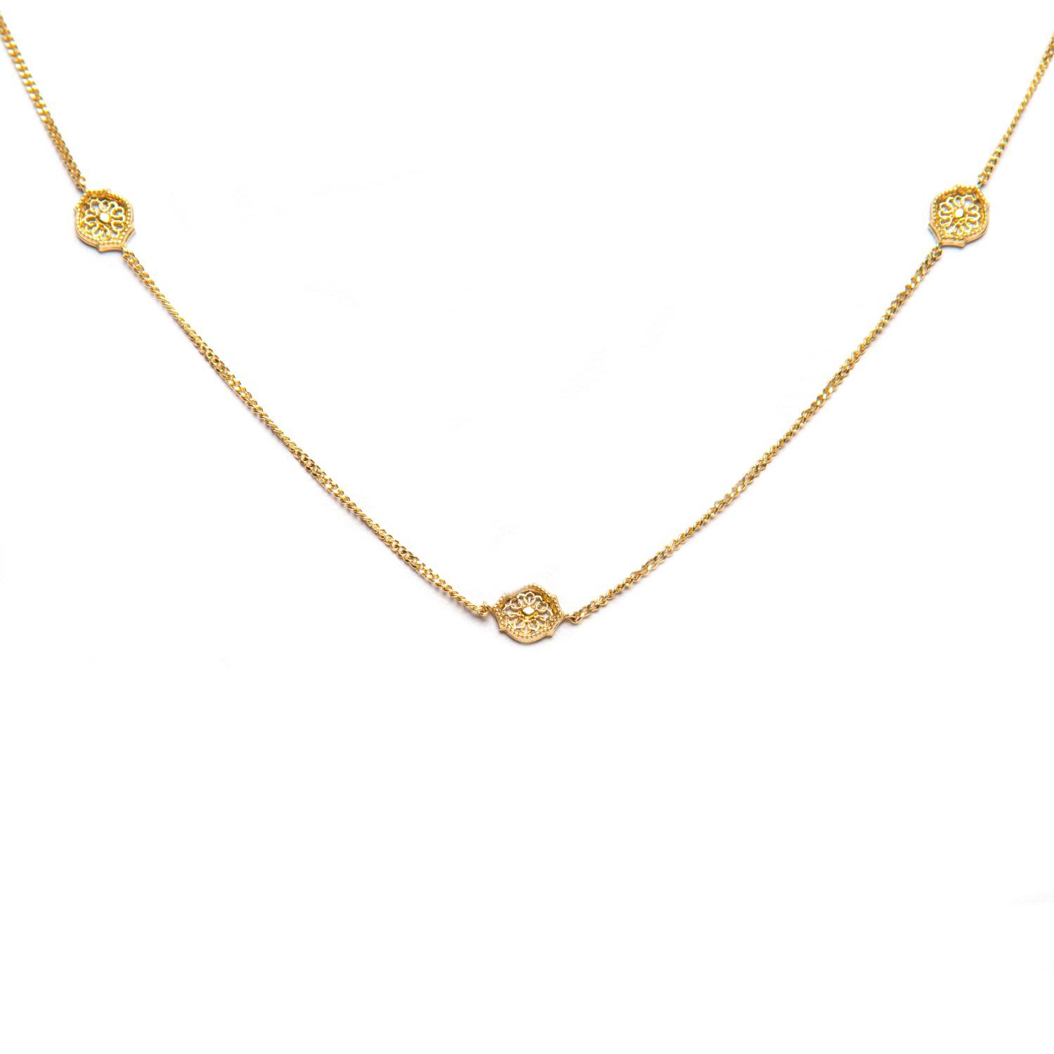 The ‘Mauresque’ Necklace by Natalie Barney features small Arabesque shape settings in a fine trace chain. It is a classical piece and comes with the matching stud earrings. Can be worn at both 42cm and 45cm.

Made in 18 karat yellow gold. 

Inspired
