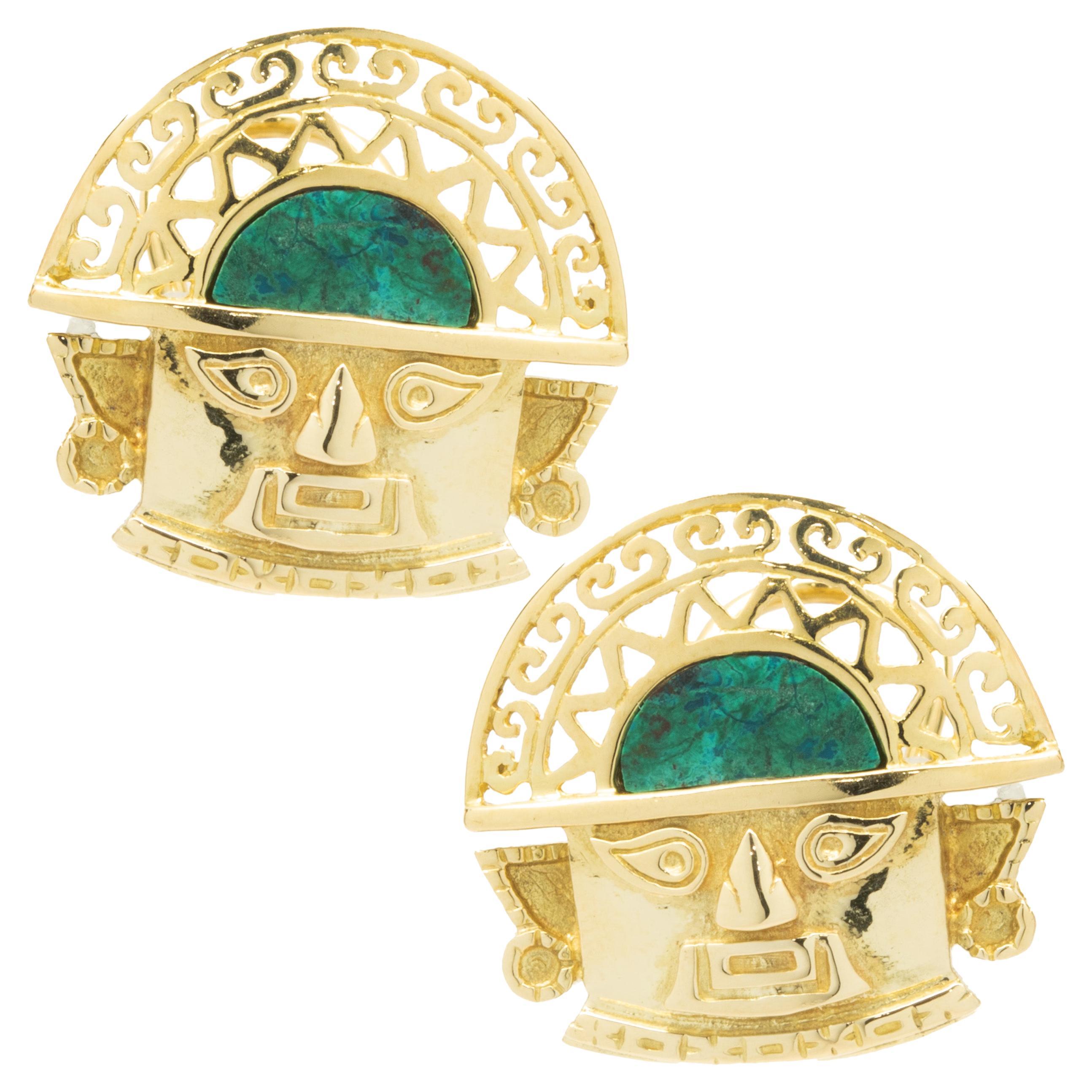 18 Karat Yellow Gold Mayan Turquoise Head Earrings For Sale