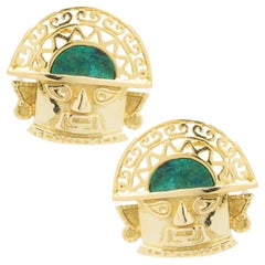 18 Karat Yellow Gold Mayan Turquoise Head Earrings