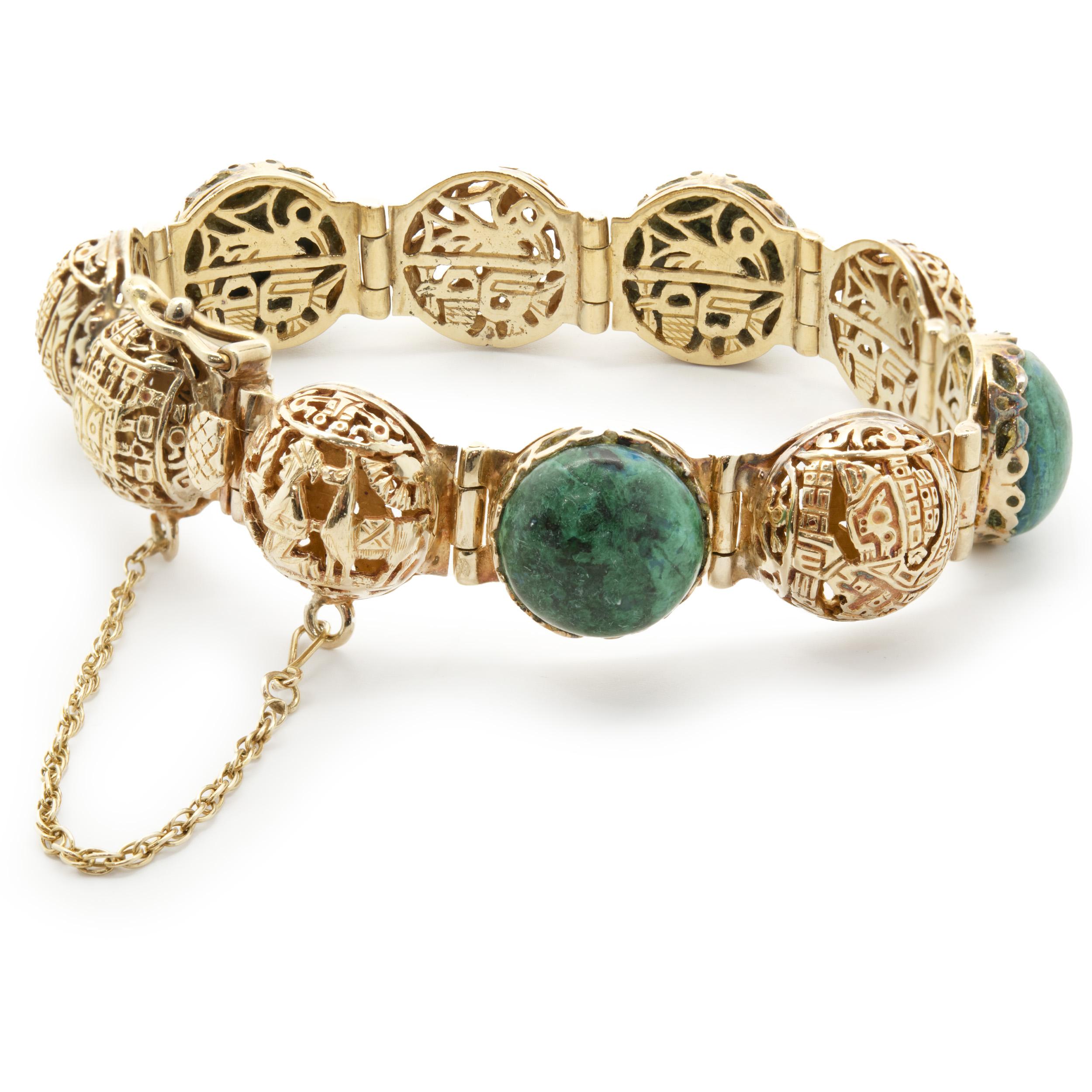 Round Cut 18 Karat Yellow Gold Mayan Turquoise Link Bracelet
