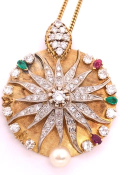 Halskette aus 18 Karat Gelbgold mit Medaillon-Anhänger im Stil von Diamanten und Perlen