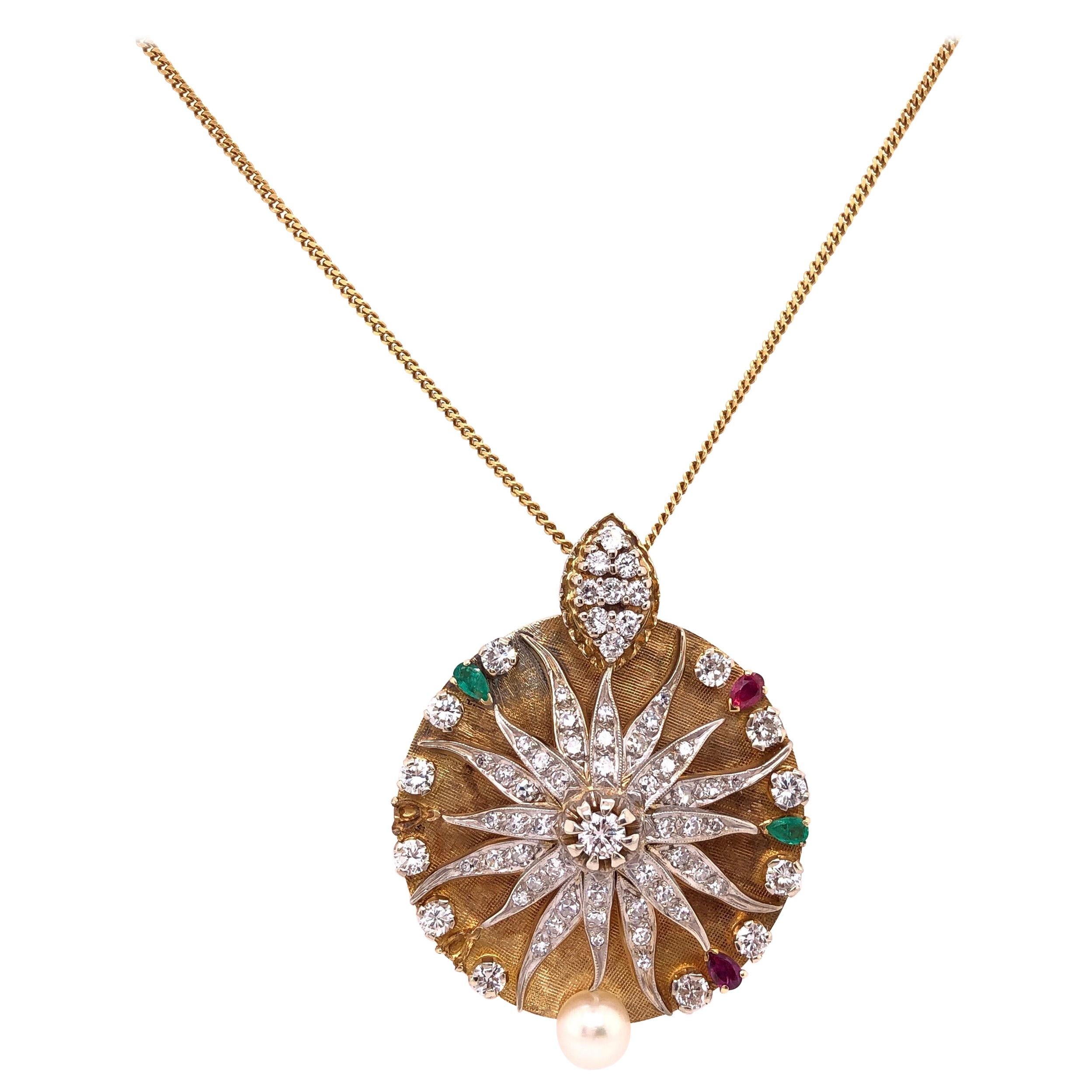 18 Karat Gelbgold Medaillon-Anhänger-Halskette mit Diamanten und Perlen