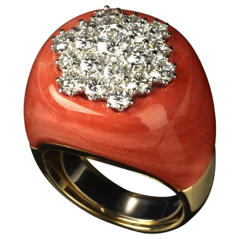 Veschetti 18 Kt Yellow Gold, Mediterranean Coral Inlay and Diamond Cocktail Ring