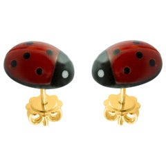18 Karat Yellow Gold Mediterranean Coral Ladybug Stud Earrings