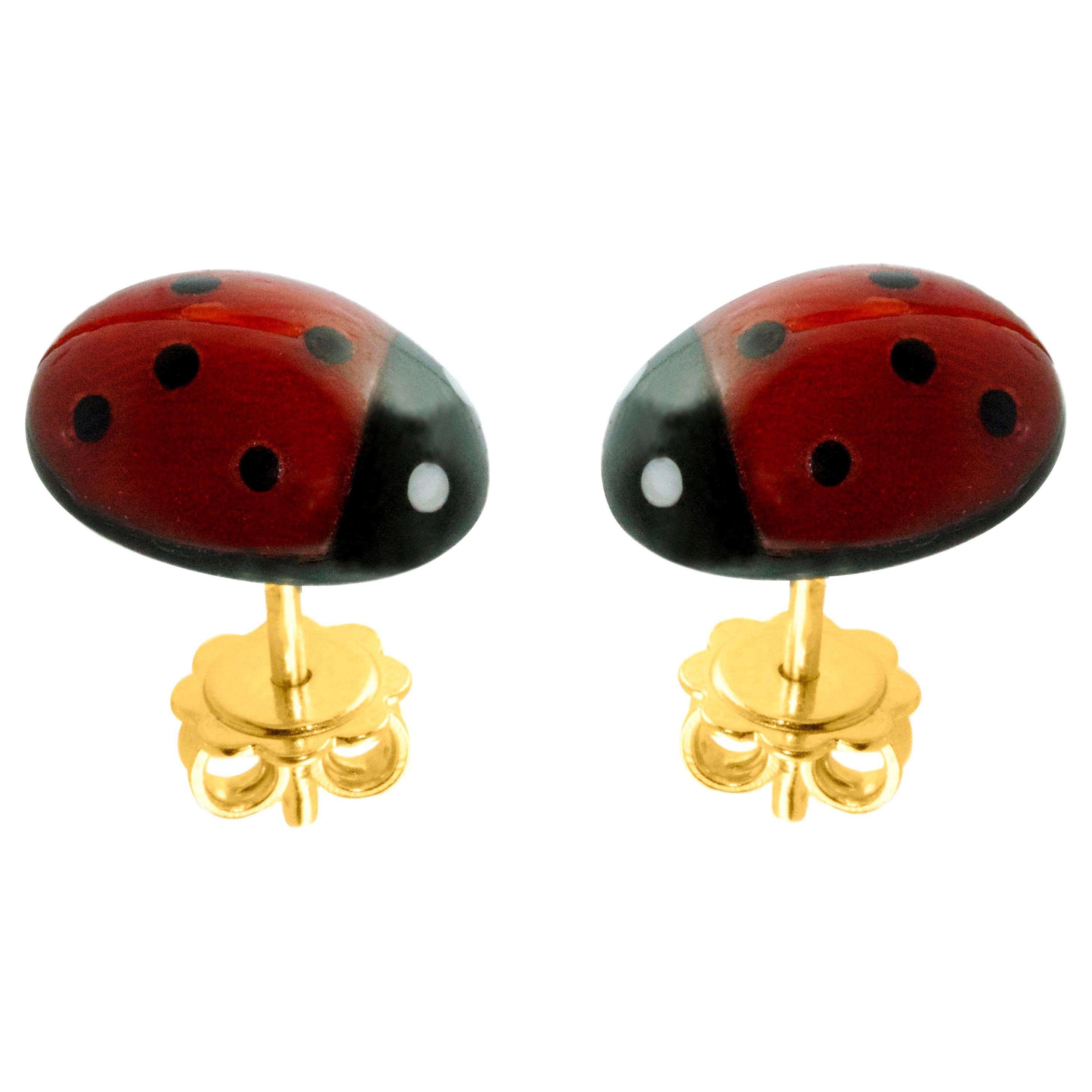 18 Karat Yellow Gold Mediterranean Coral Ladybug Stud Earrings For Sale