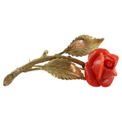 18 Karat Yellow Gold Mediterranean Coral Rose and Leaves Brooch Mid-20th Century