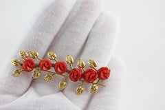 18 Karat Yellow Gold Mediterranean Coral Rose Pin Brooch