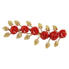 18 Karat Yellow Gold Mediterranean Coral Rose Pin Brooch